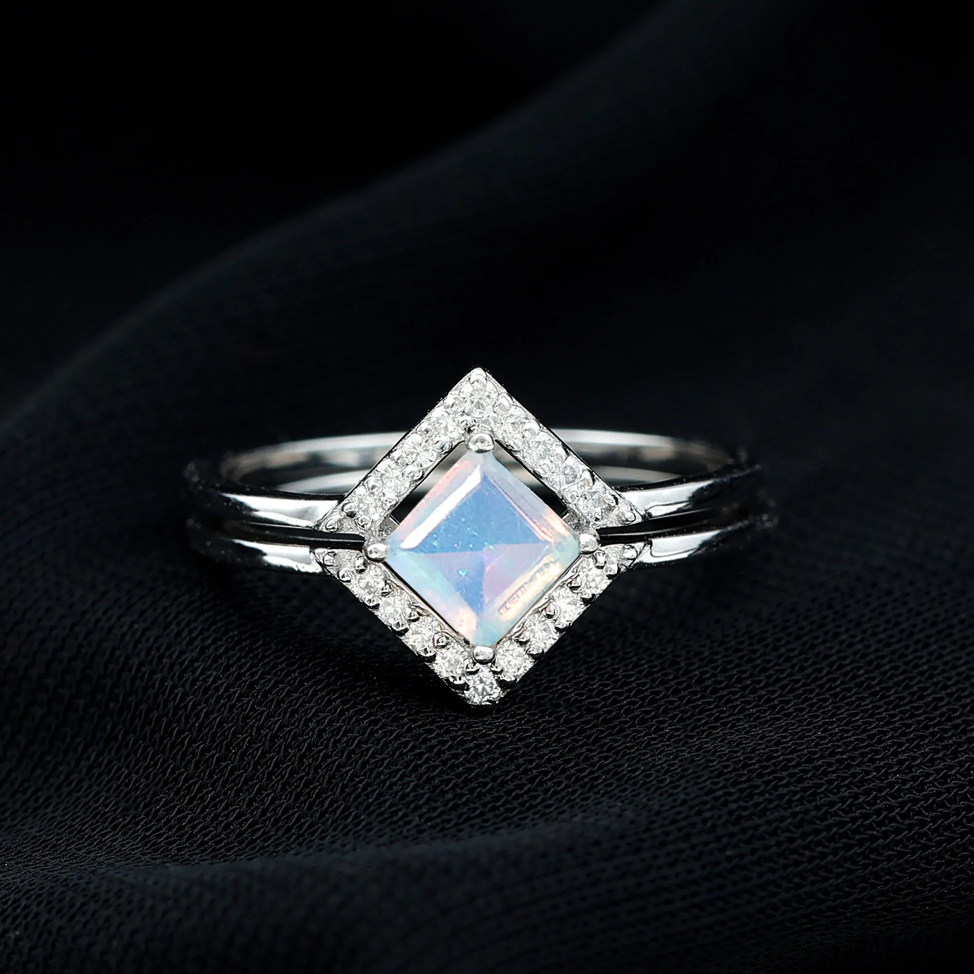 1 CT Minimal Princess Cut Ethiopian Opal and Moissanite Engagement Enhancer Ring Set