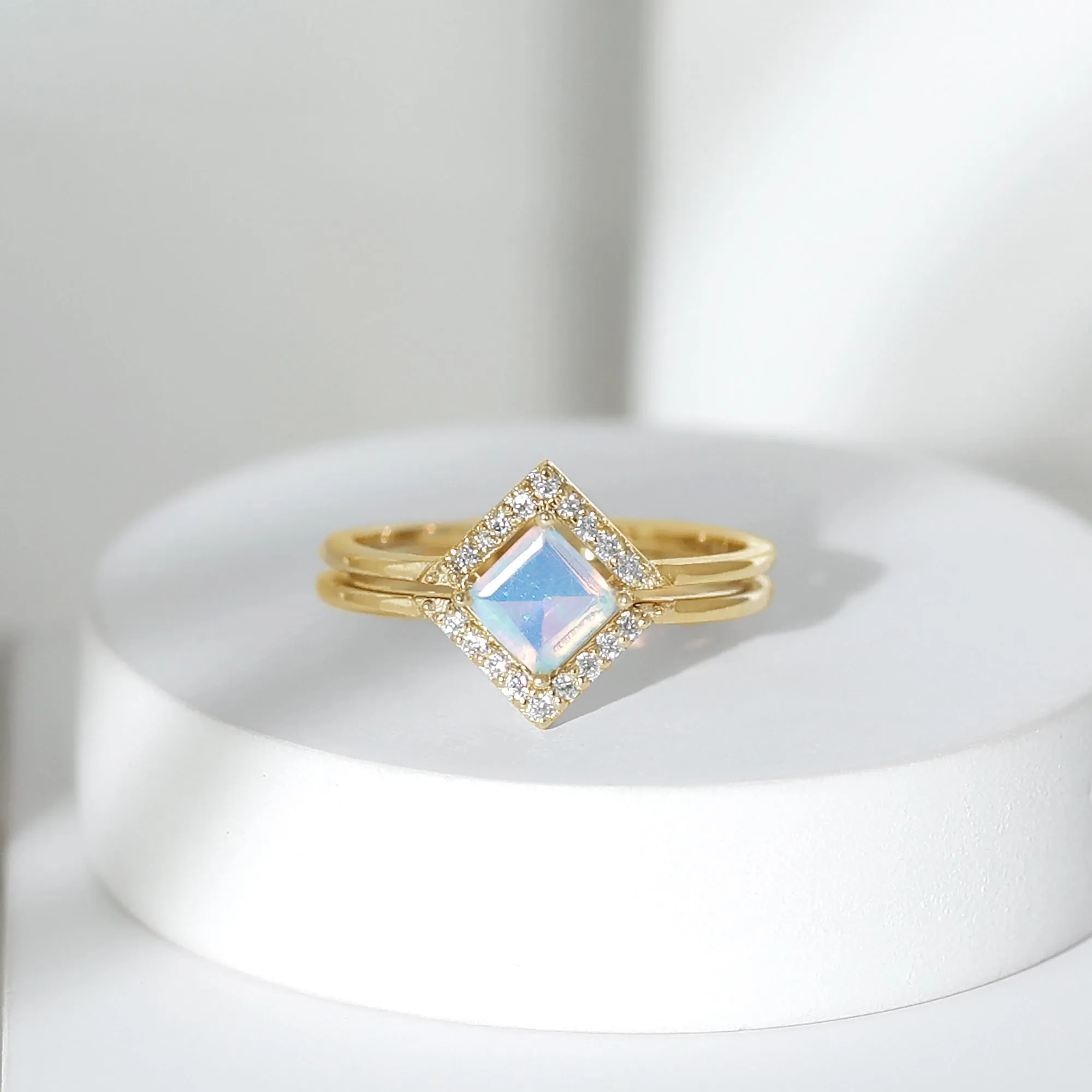 1 CT Minimal Princess Cut Ethiopian Opal and Moissanite Engagement Enhancer Ring Set