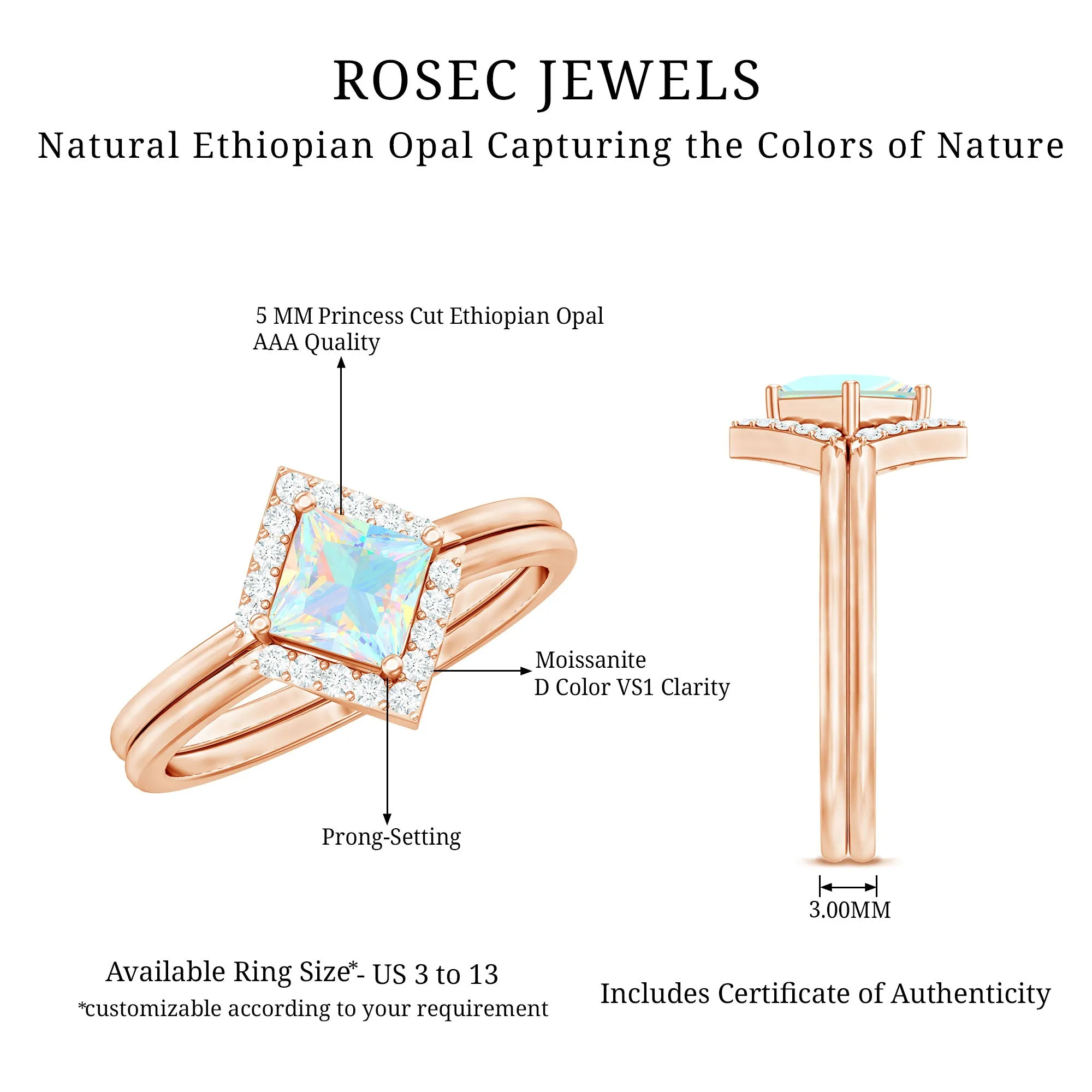 1 CT Minimal Princess Cut Ethiopian Opal and Moissanite Engagement Enhancer Ring Set