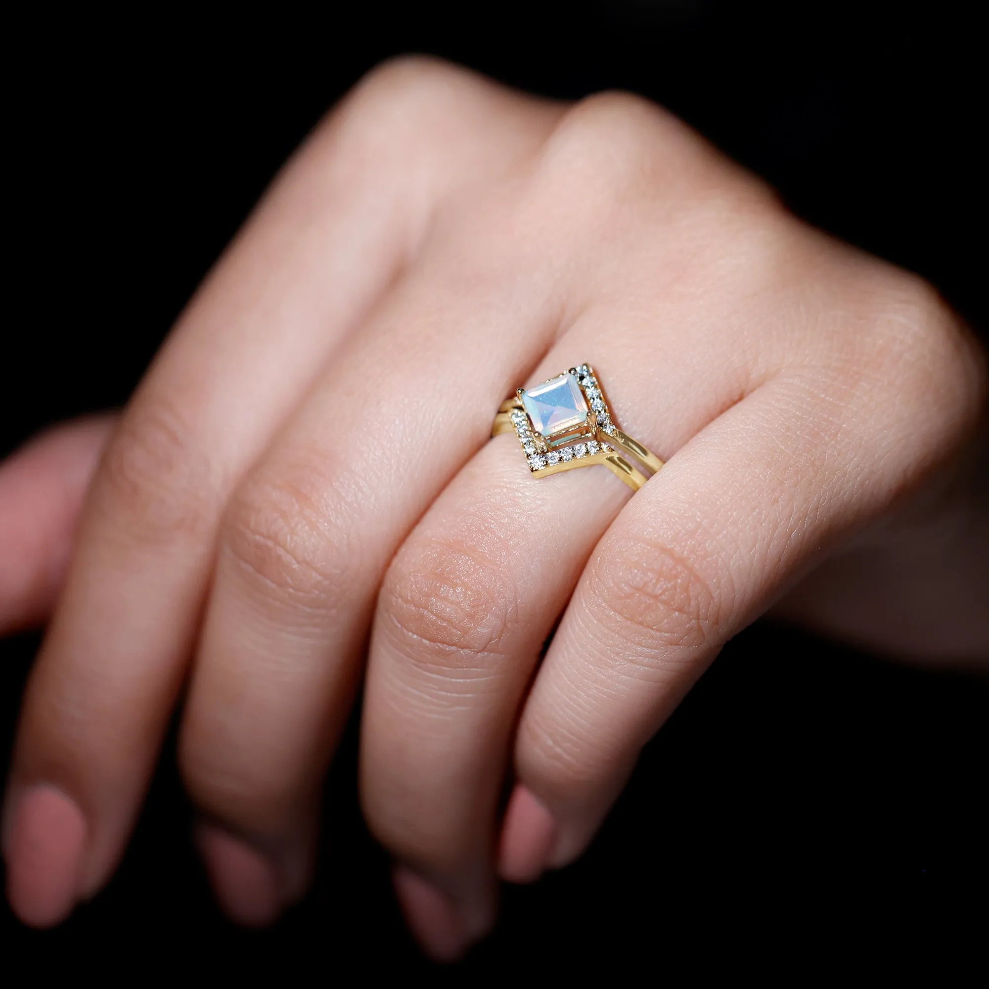 1 CT Minimal Princess Cut Ethiopian Opal and Moissanite Engagement Enhancer Ring Set