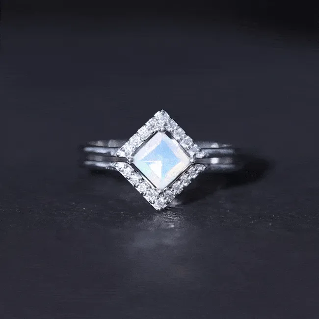 1 CT Minimal Princess Cut Ethiopian Opal and Moissanite Engagement Enhancer Ring Set