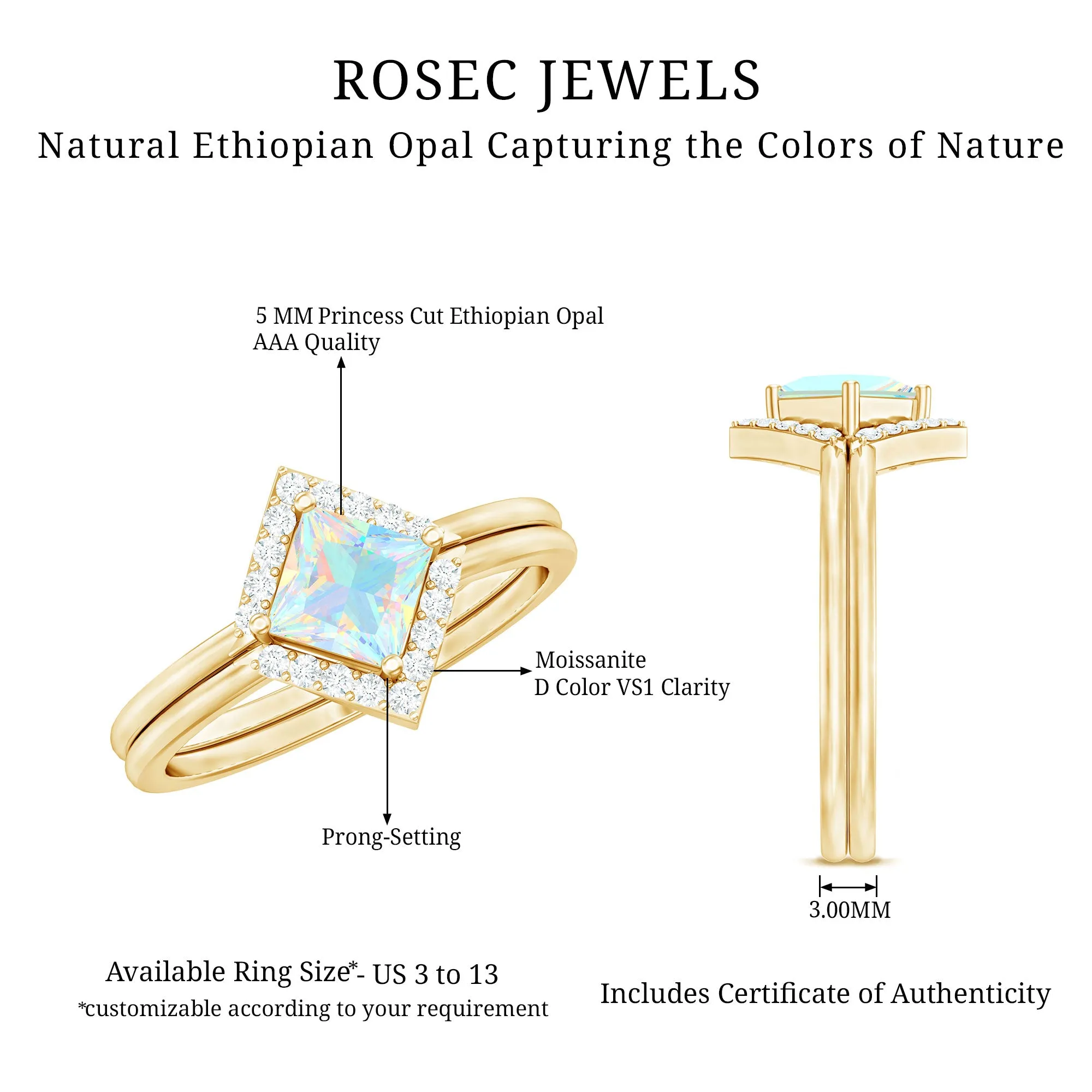 1 CT Minimal Princess Cut Ethiopian Opal and Moissanite Engagement Enhancer Ring Set