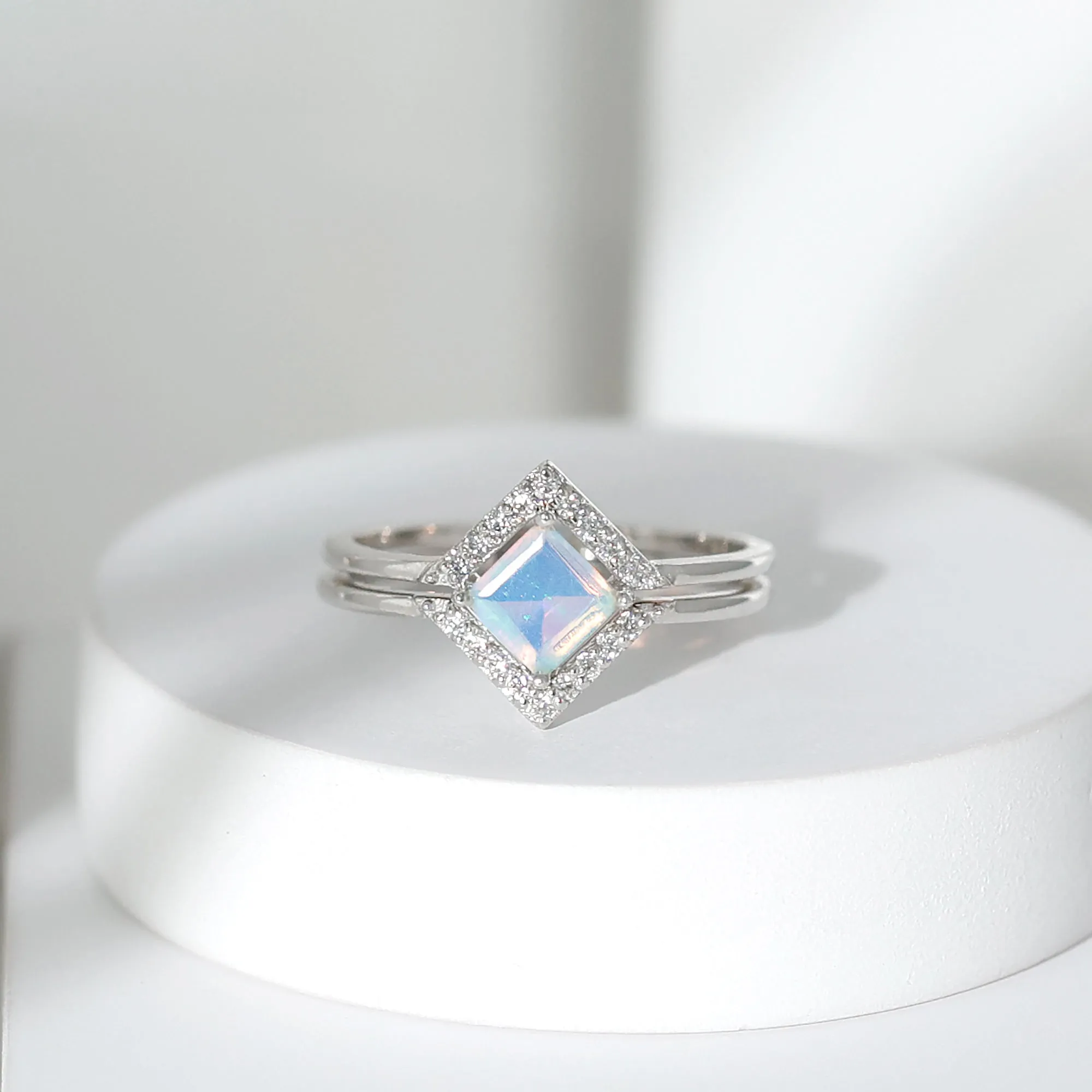 1 CT Minimal Princess Cut Ethiopian Opal and Moissanite Engagement Enhancer Ring Set