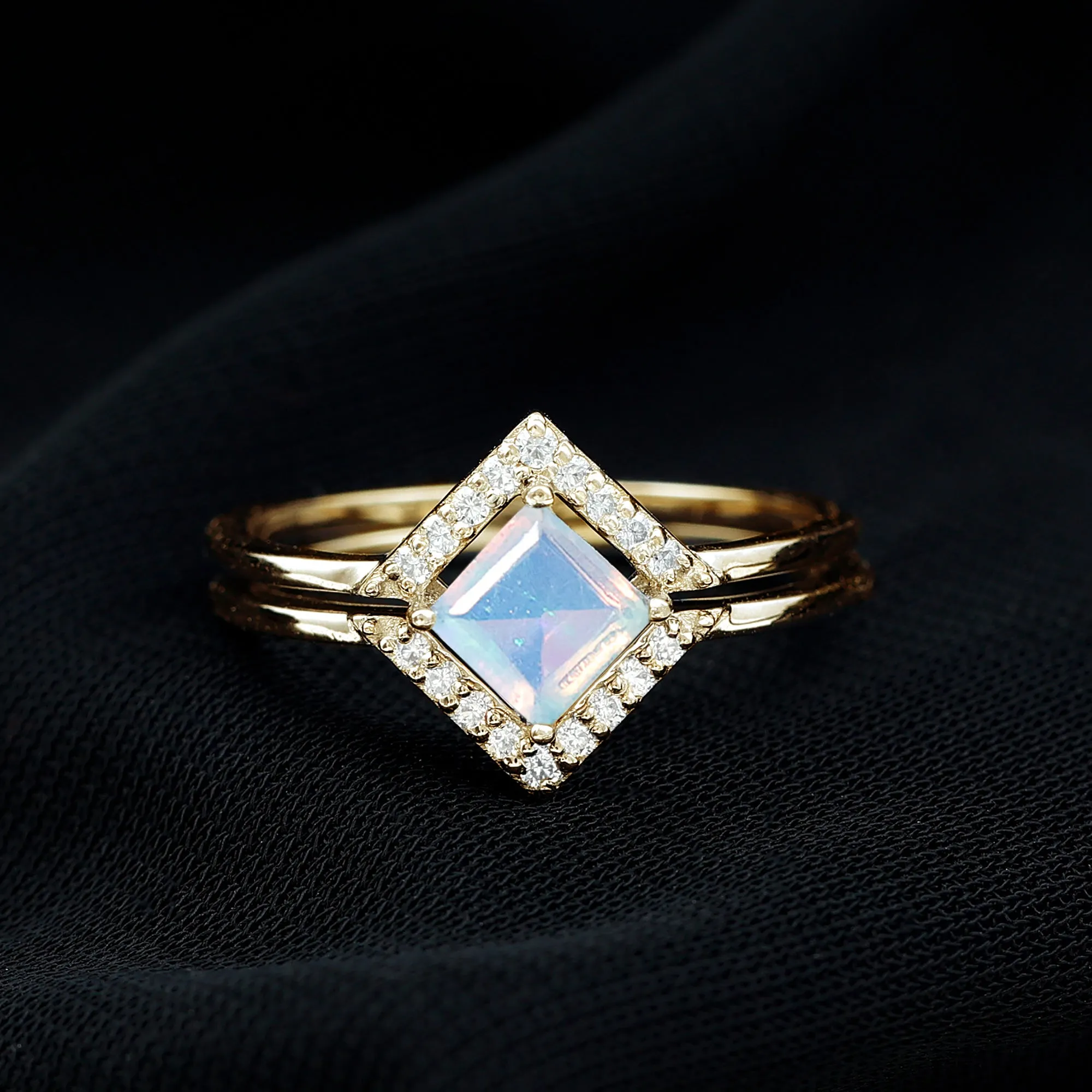 1 CT Minimal Princess Cut Ethiopian Opal and Moissanite Engagement Enhancer Ring Set