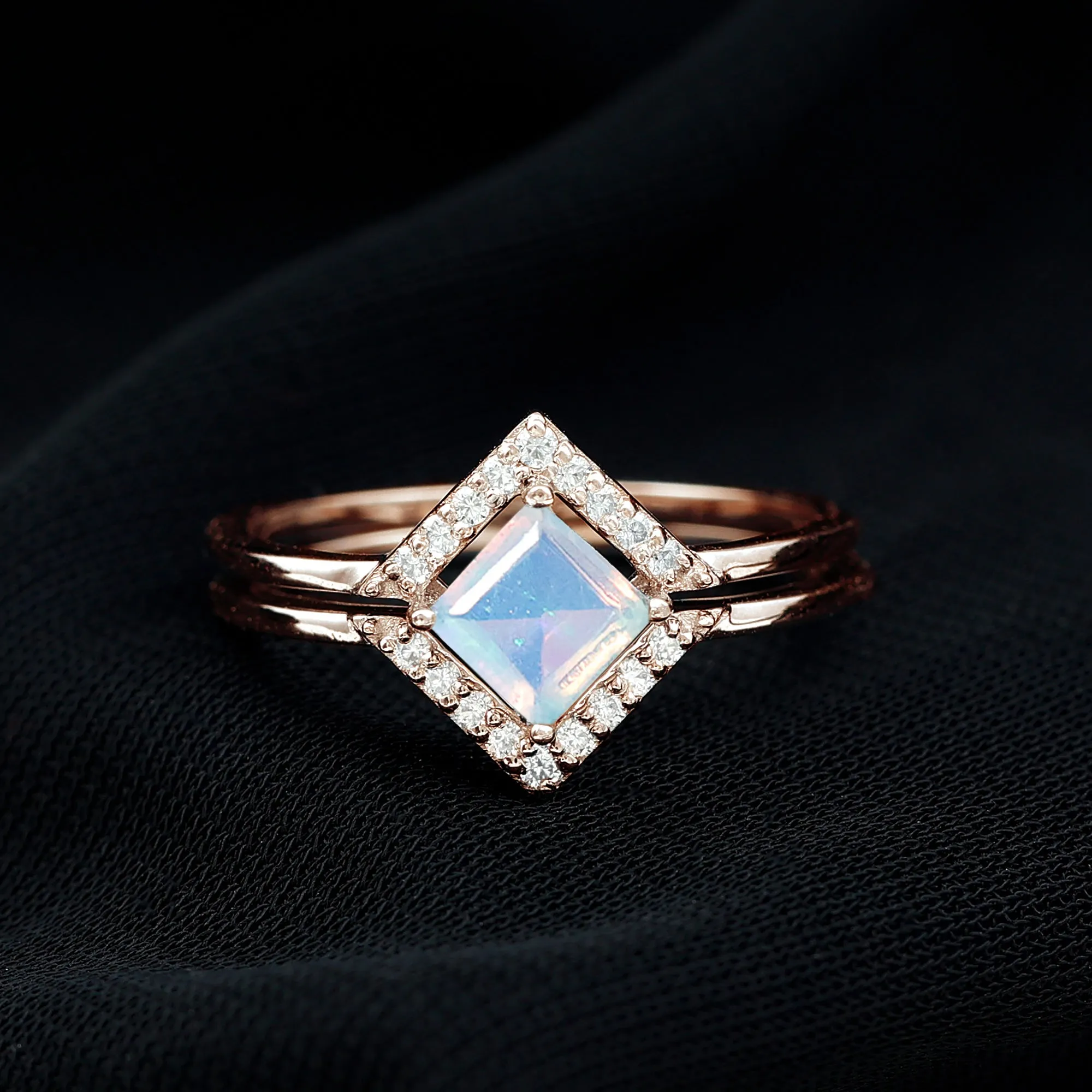 1 CT Minimal Princess Cut Ethiopian Opal and Moissanite Engagement Enhancer Ring Set