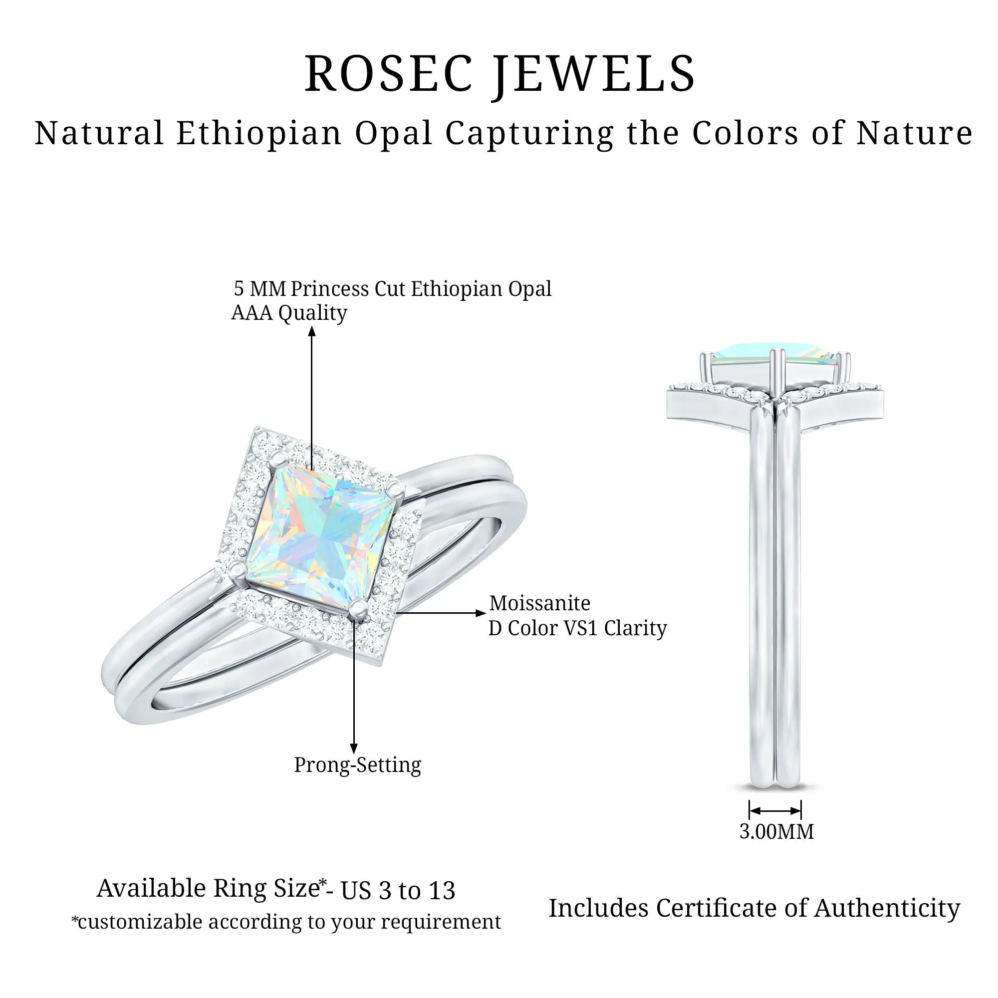 1 CT Minimal Princess Cut Ethiopian Opal and Moissanite Engagement Enhancer Ring Set