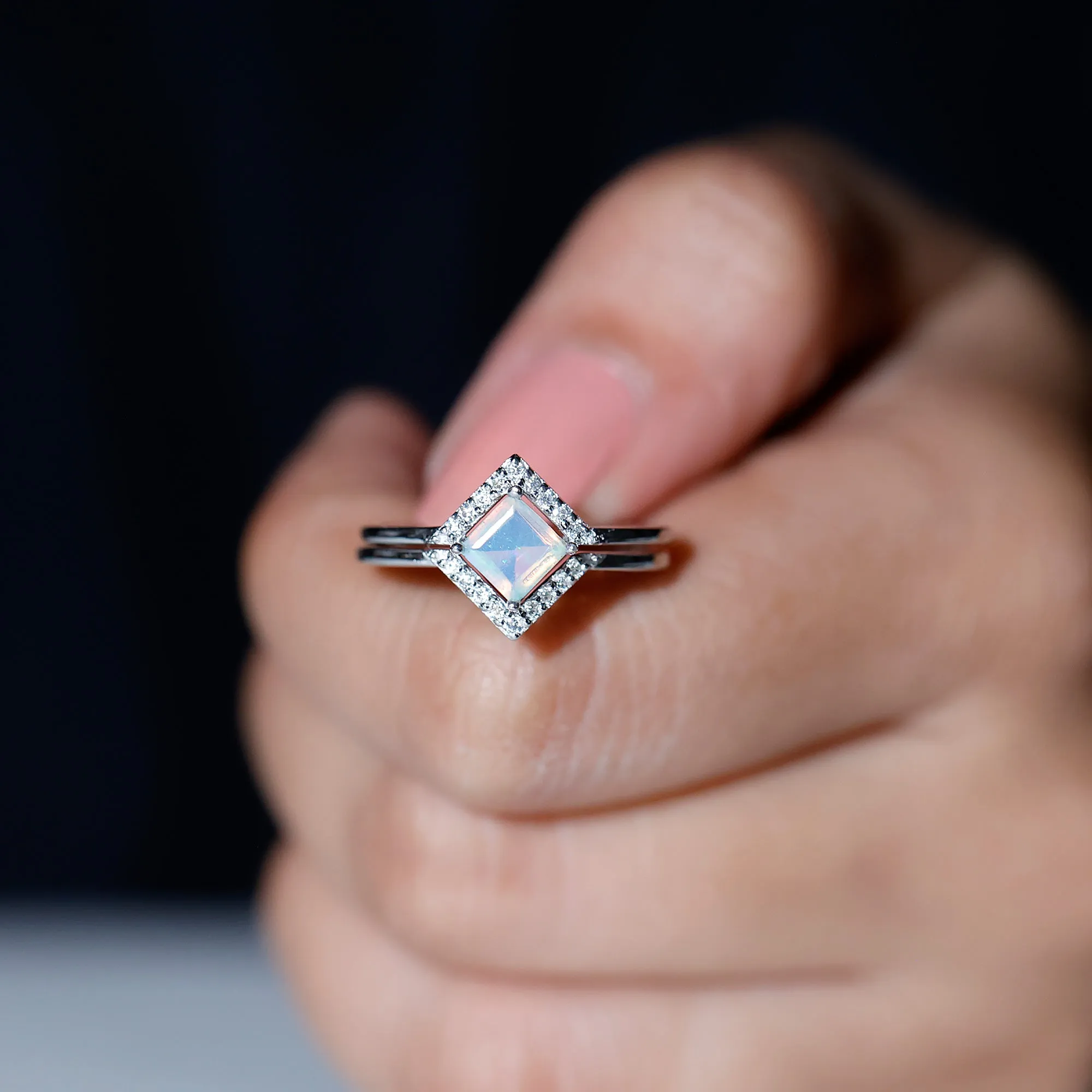 1 CT Minimal Princess Cut Ethiopian Opal and Moissanite Engagement Enhancer Ring Set