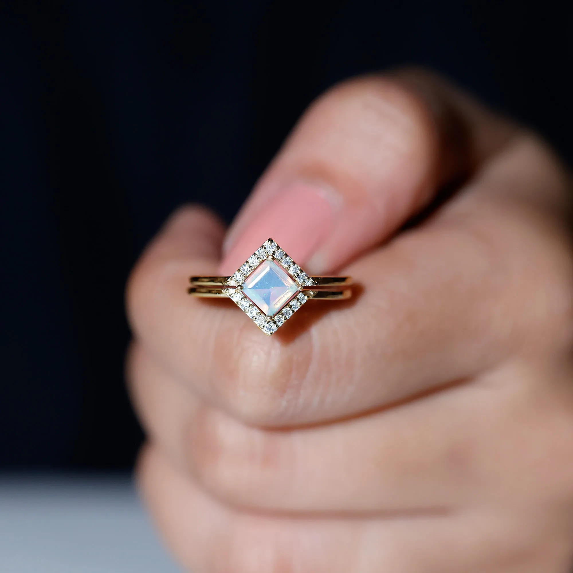 1 CT Minimal Princess Cut Ethiopian Opal and Moissanite Engagement Enhancer Ring Set
