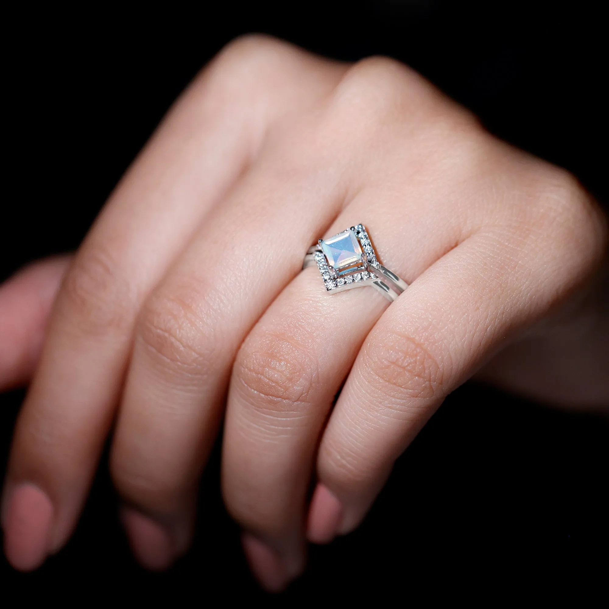 1 CT Minimal Princess Cut Ethiopian Opal and Moissanite Engagement Enhancer Ring Set