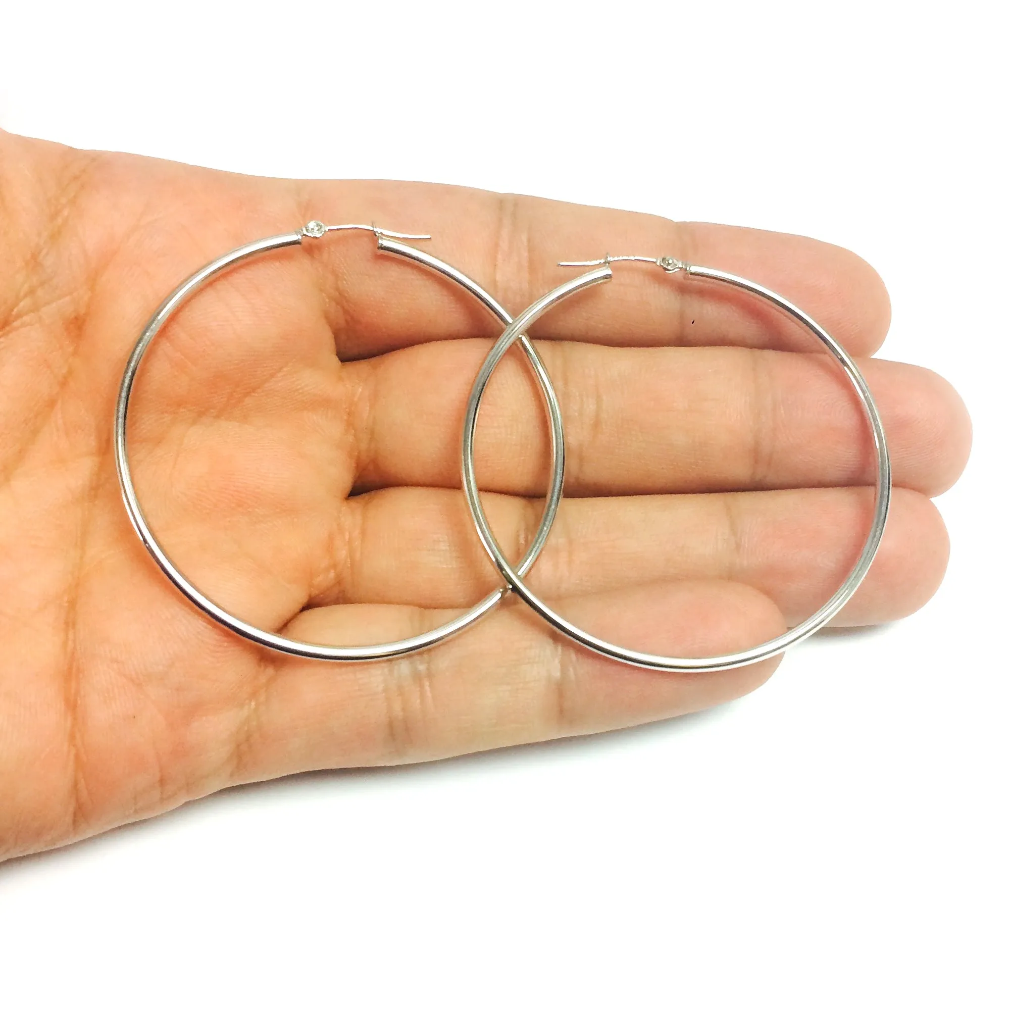 10k White Gold 1.5mm Shiny Round Tube Hoop Earrings
