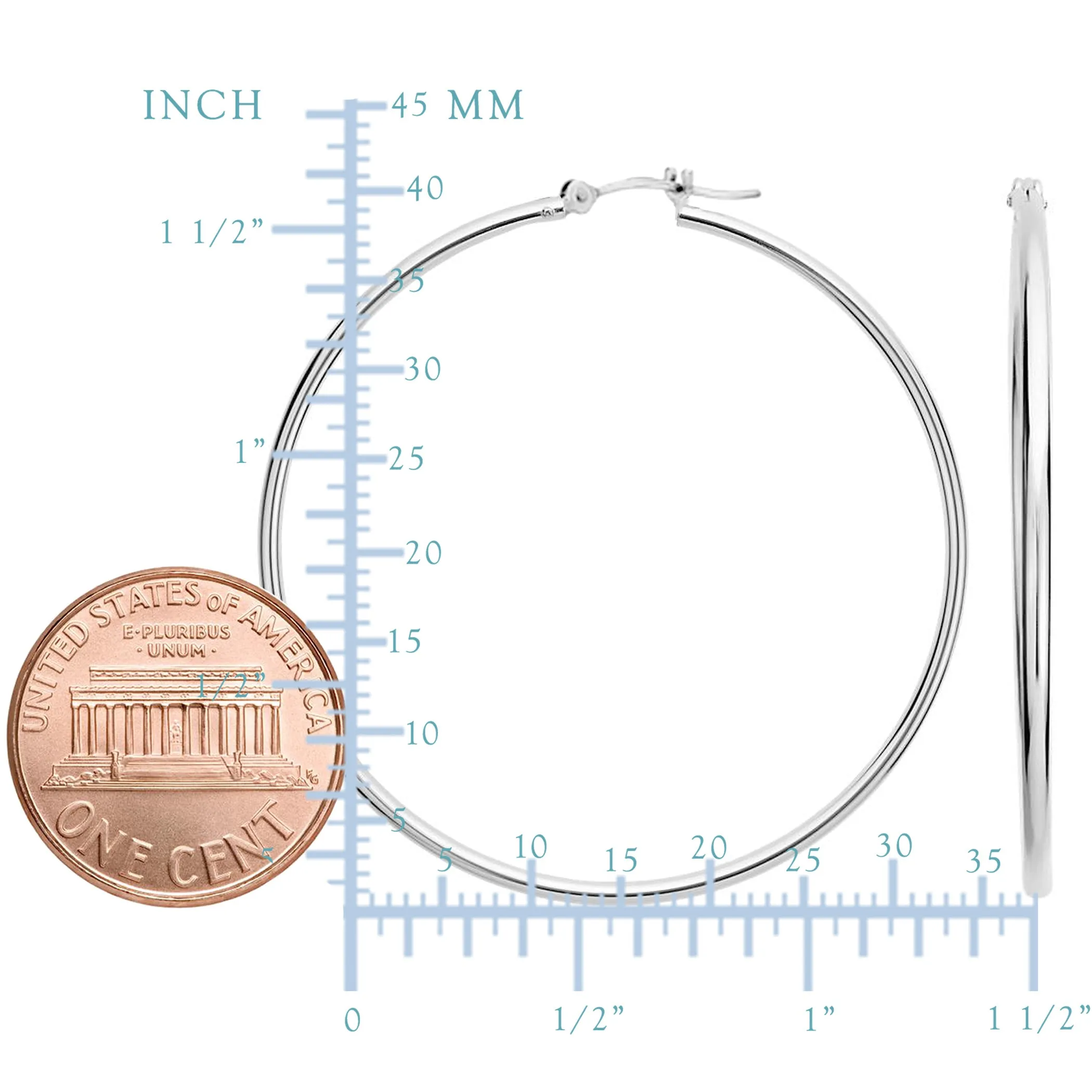 10k White Gold 1.5mm Shiny Round Tube Hoop Earrings