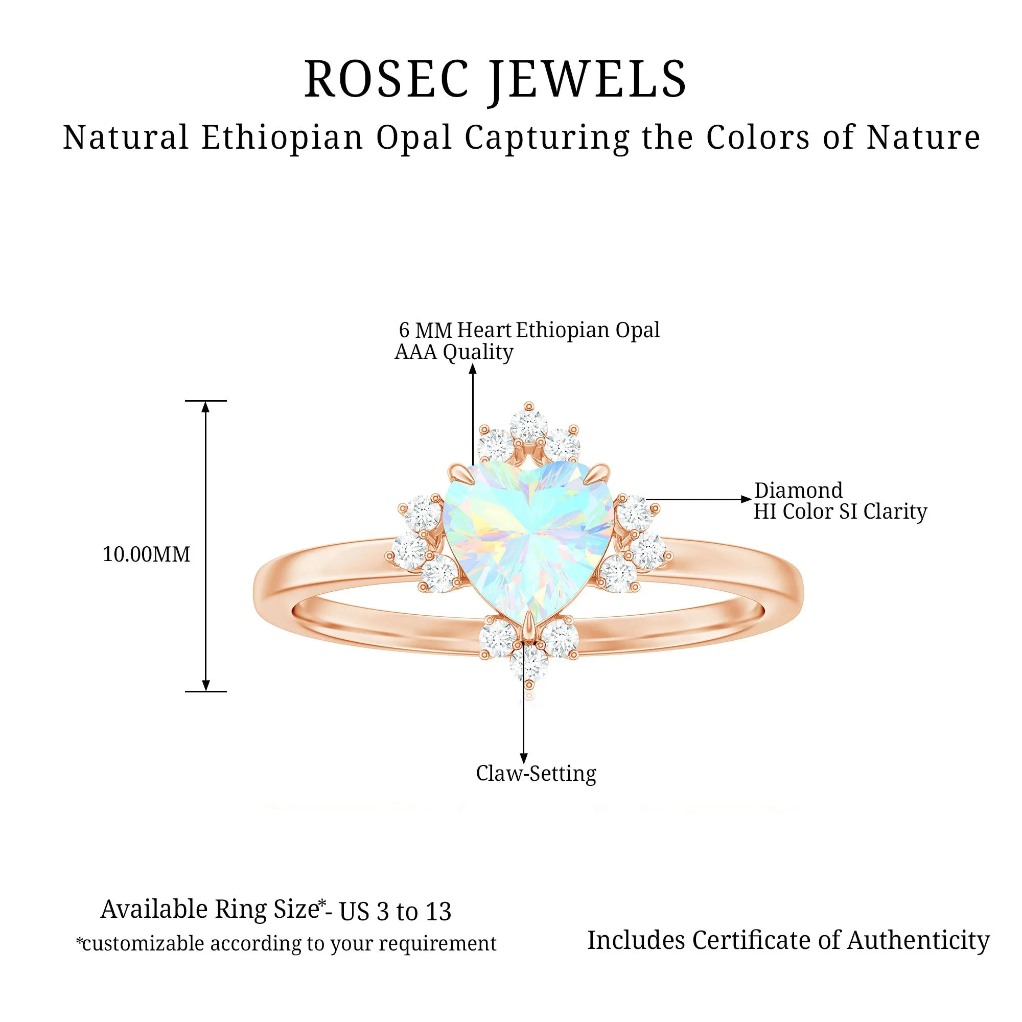 1.25 CT Heart Shape Ethiopian Opal Solitaire Promise Ring with Diamond Accent