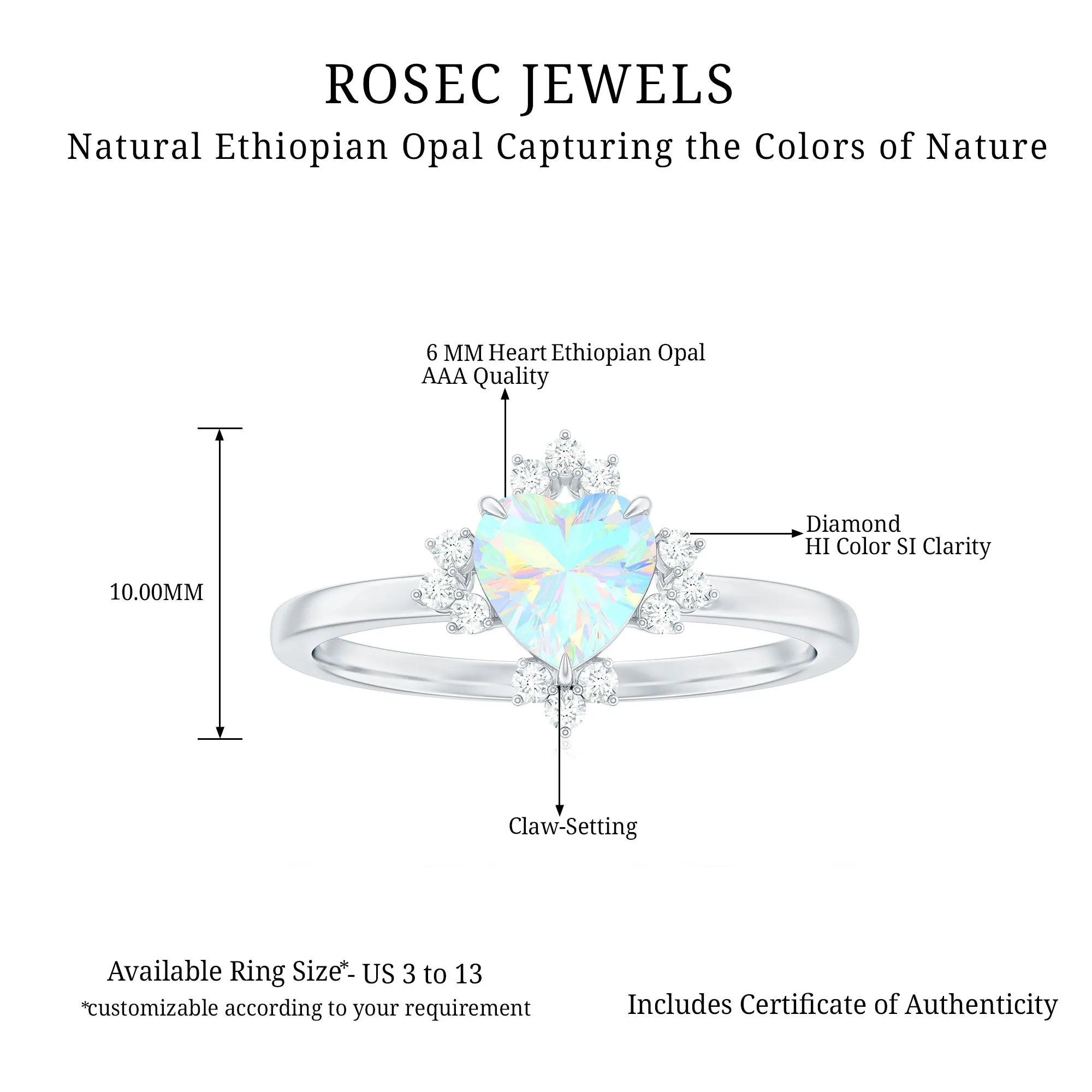 1.25 CT Heart Shape Ethiopian Opal Solitaire Promise Ring with Diamond Accent