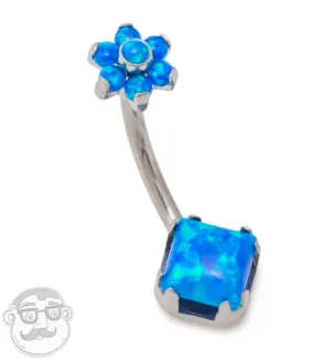 14G Titanium Blue Opal Flower Belly Button Ring