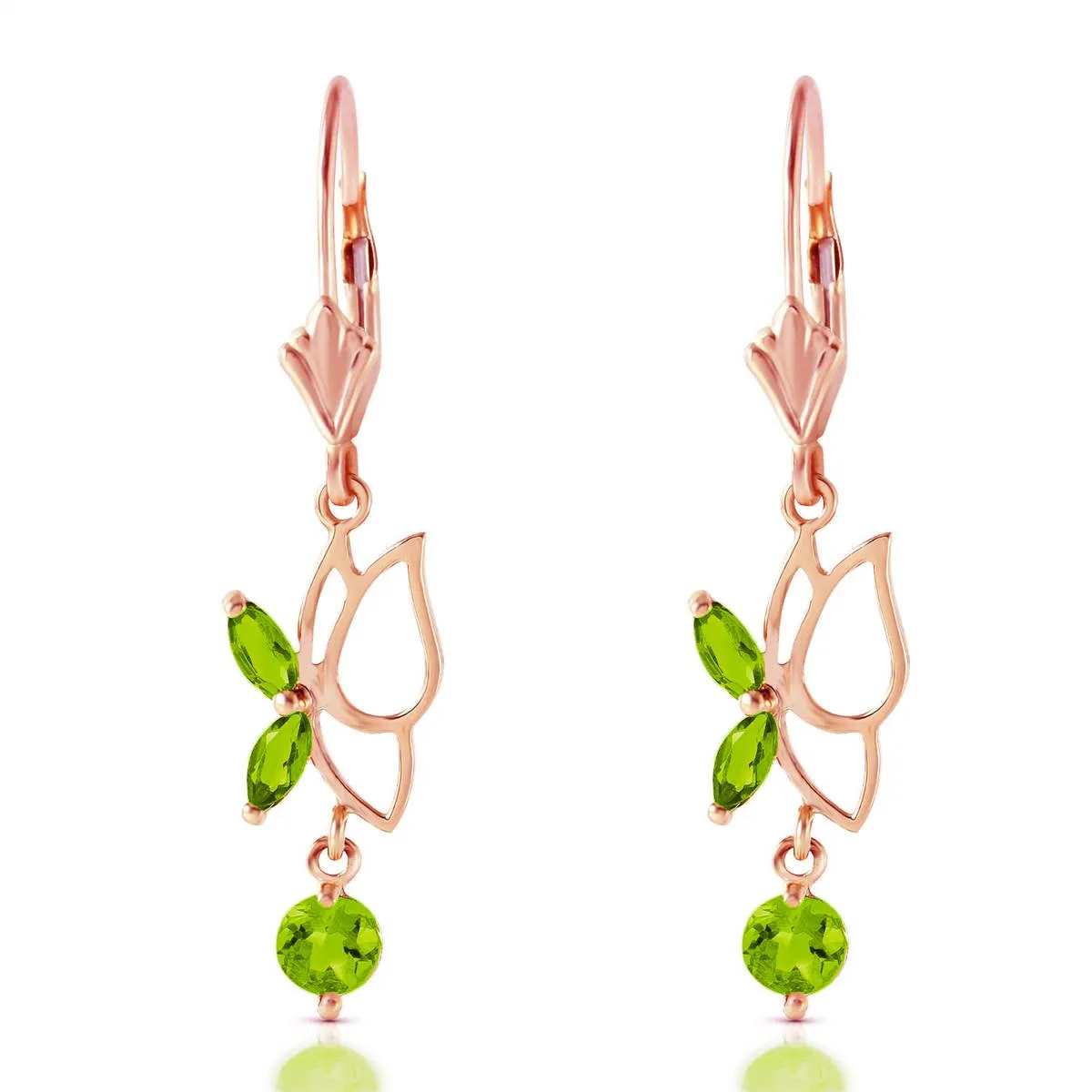 14K Solid Rose Gold Butterfly Earrings w/ Peridots