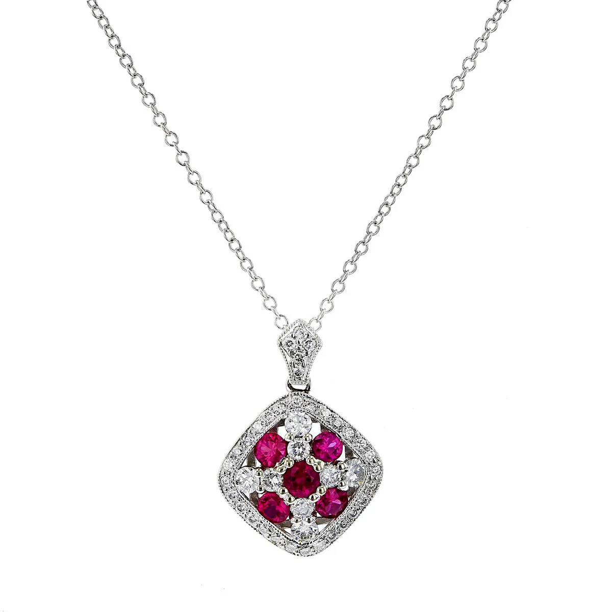 14K White Gold Ruby and Diamond Pendant Necklace