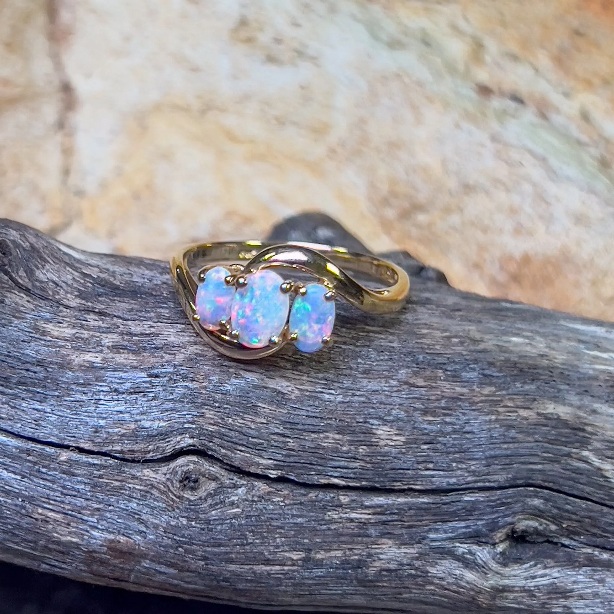 14kt Yellow Gold 3 stone Opal Crystal ring