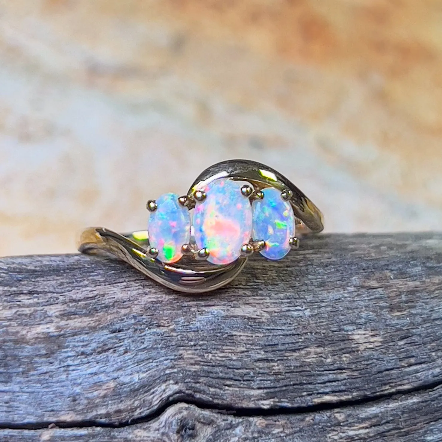 14kt Yellow Gold 3 stone Opal Crystal ring