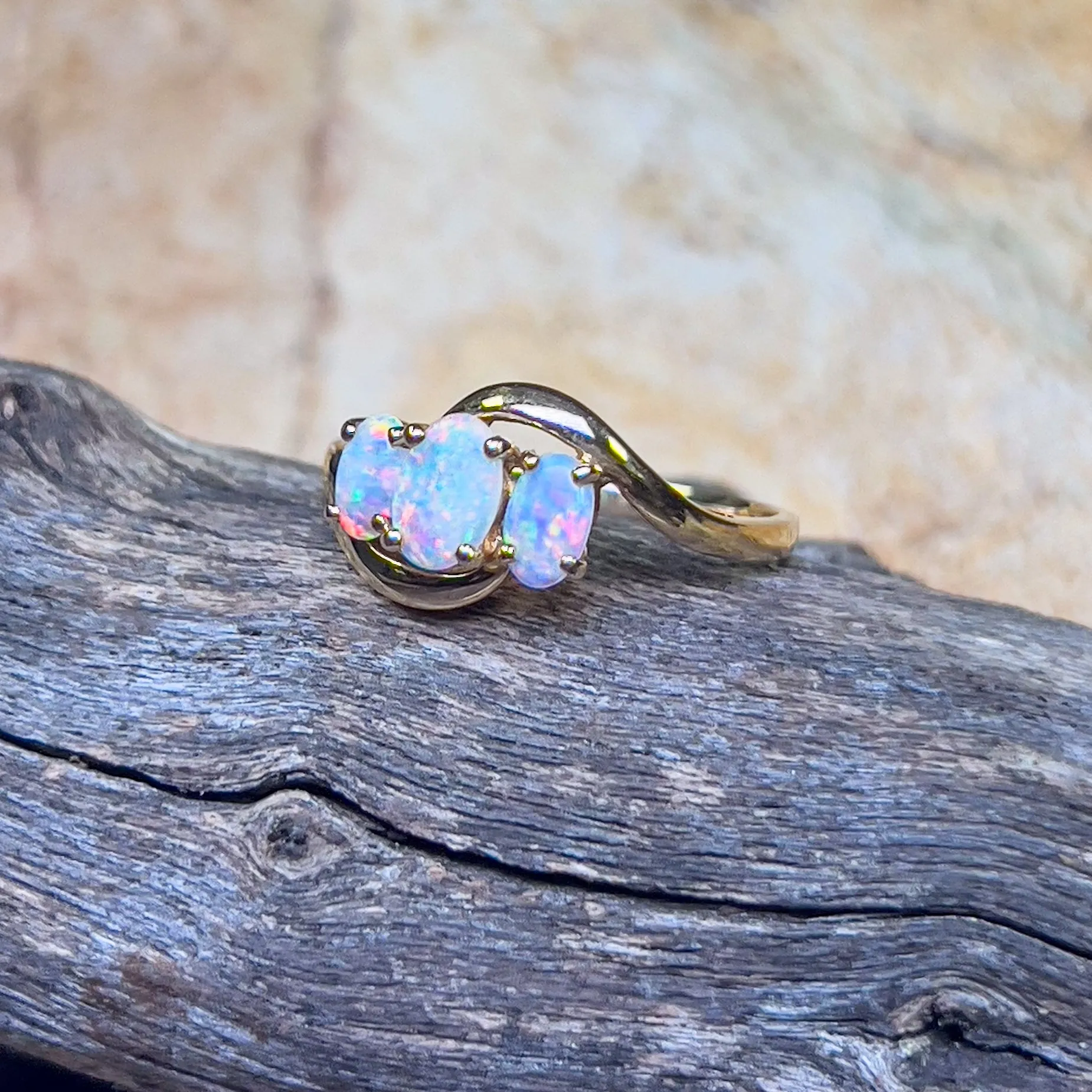 14kt Yellow Gold 3 stone Opal Crystal ring
