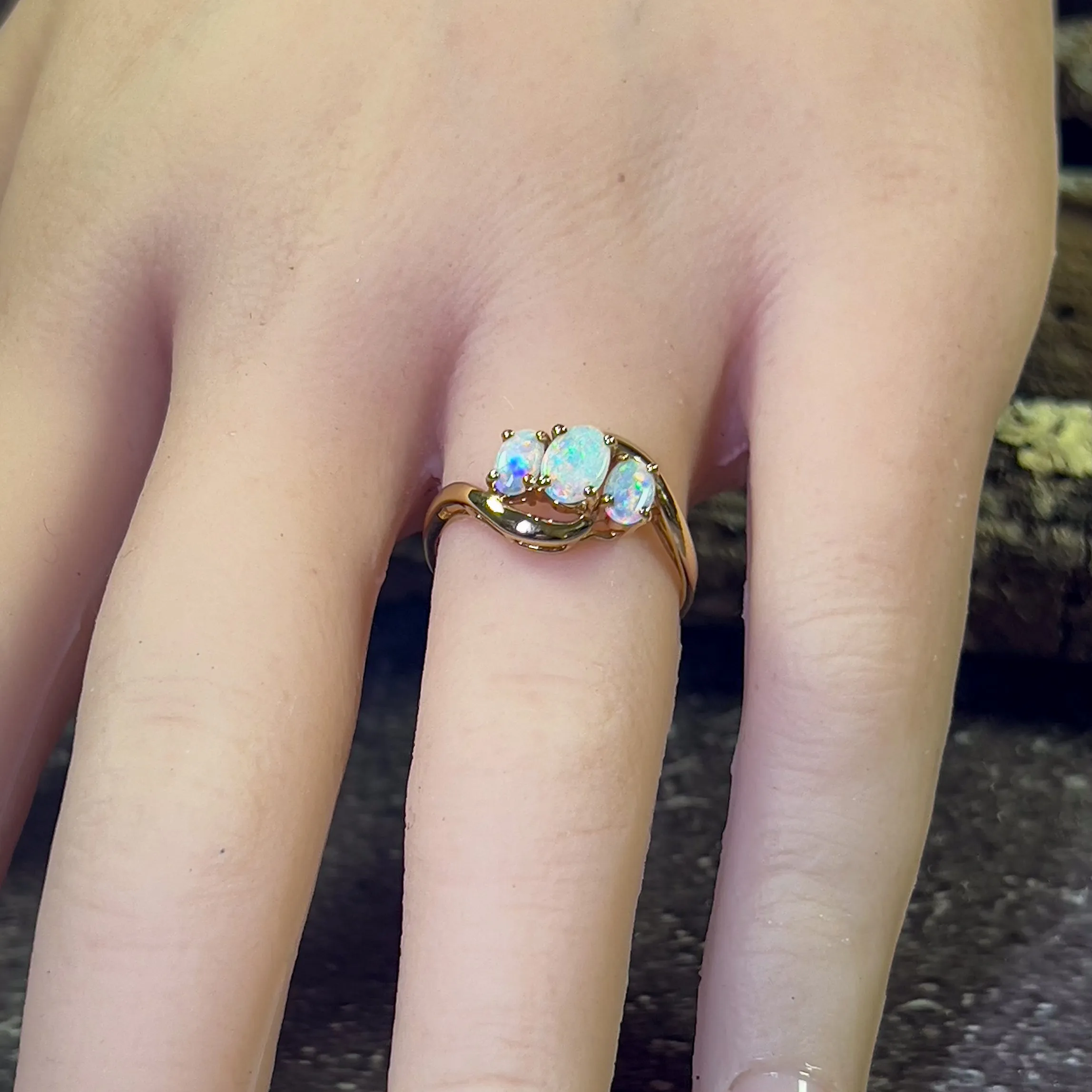 14kt Yellow Gold 3 stone Opal Crystal ring