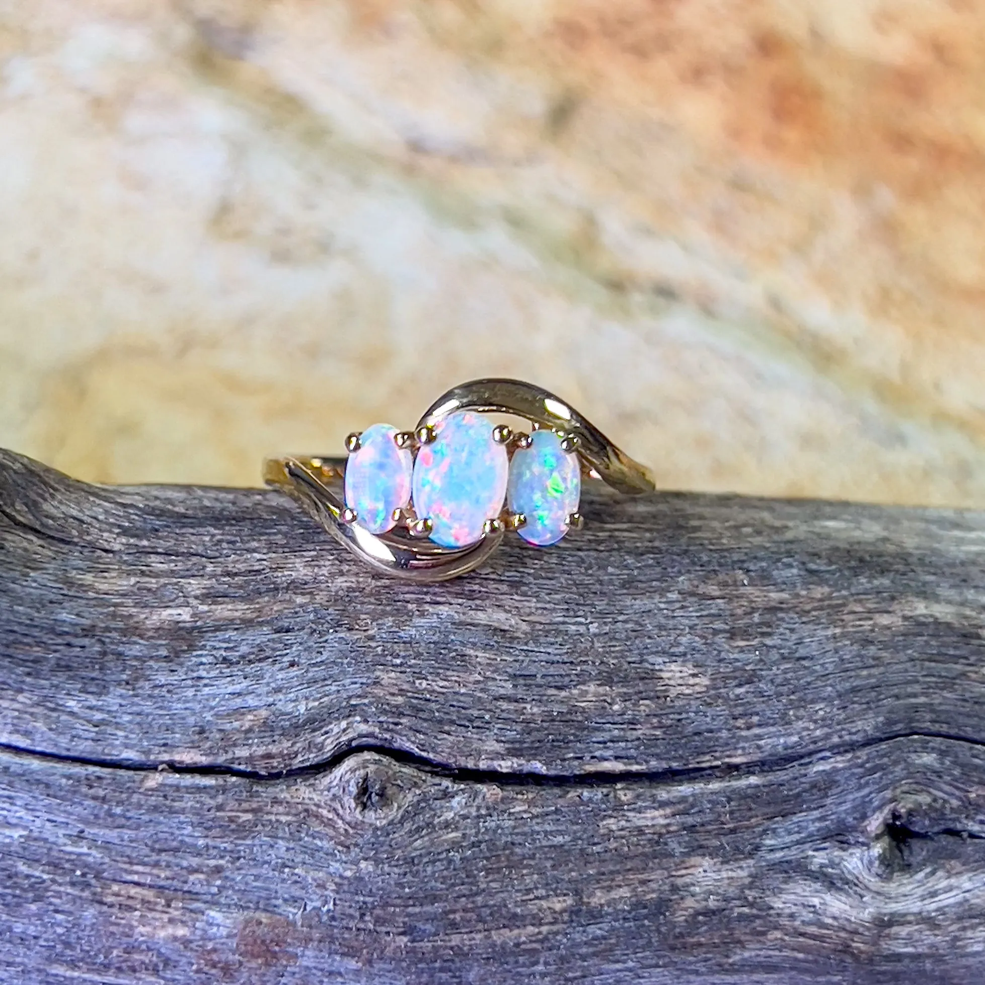 14kt Yellow Gold 3 stone Opal Crystal ring