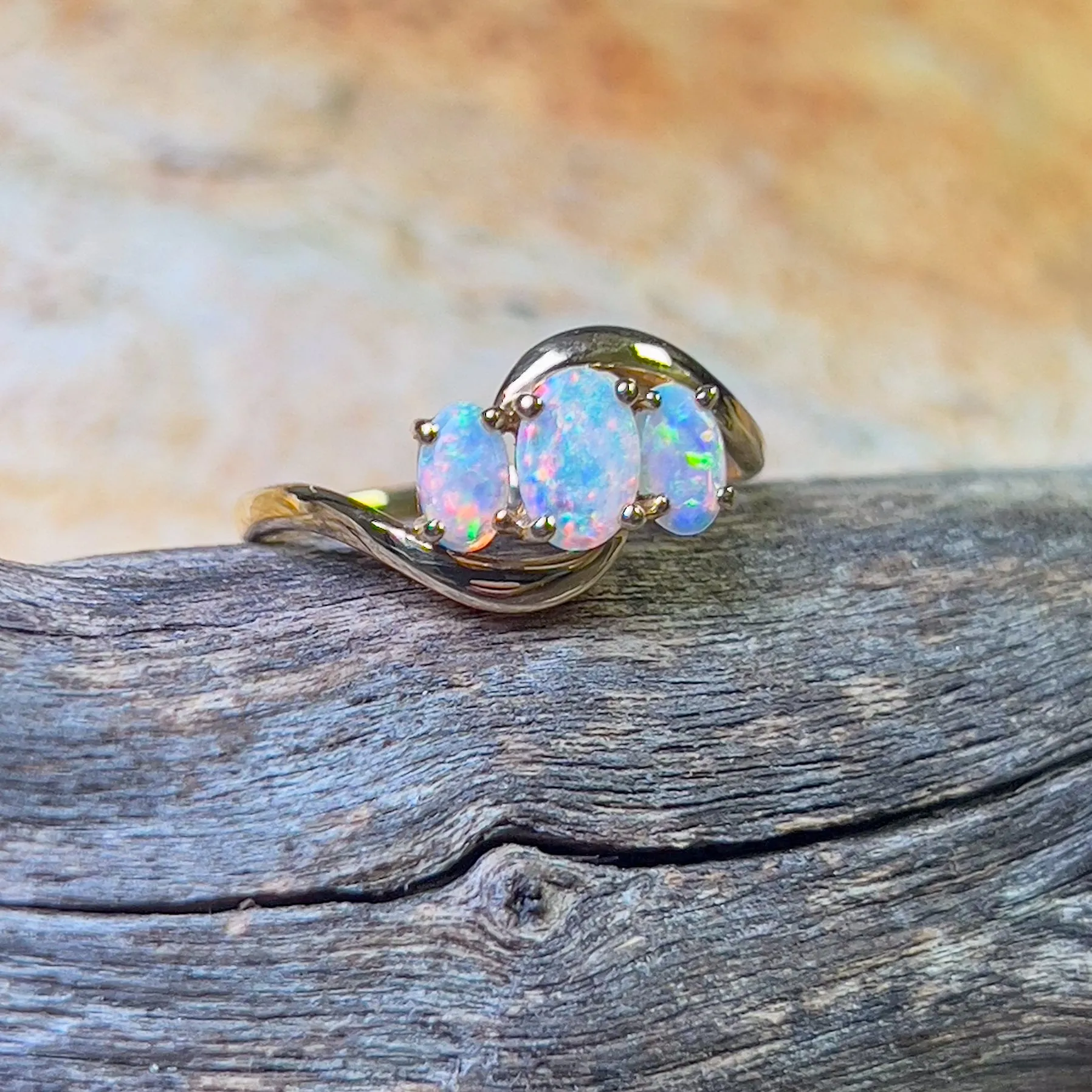 14kt Yellow Gold 3 stone Opal Crystal ring