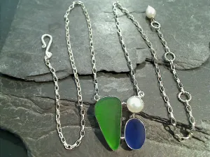 16" - 18" Sea Glass, Pearl, Sterling Silver Necklace