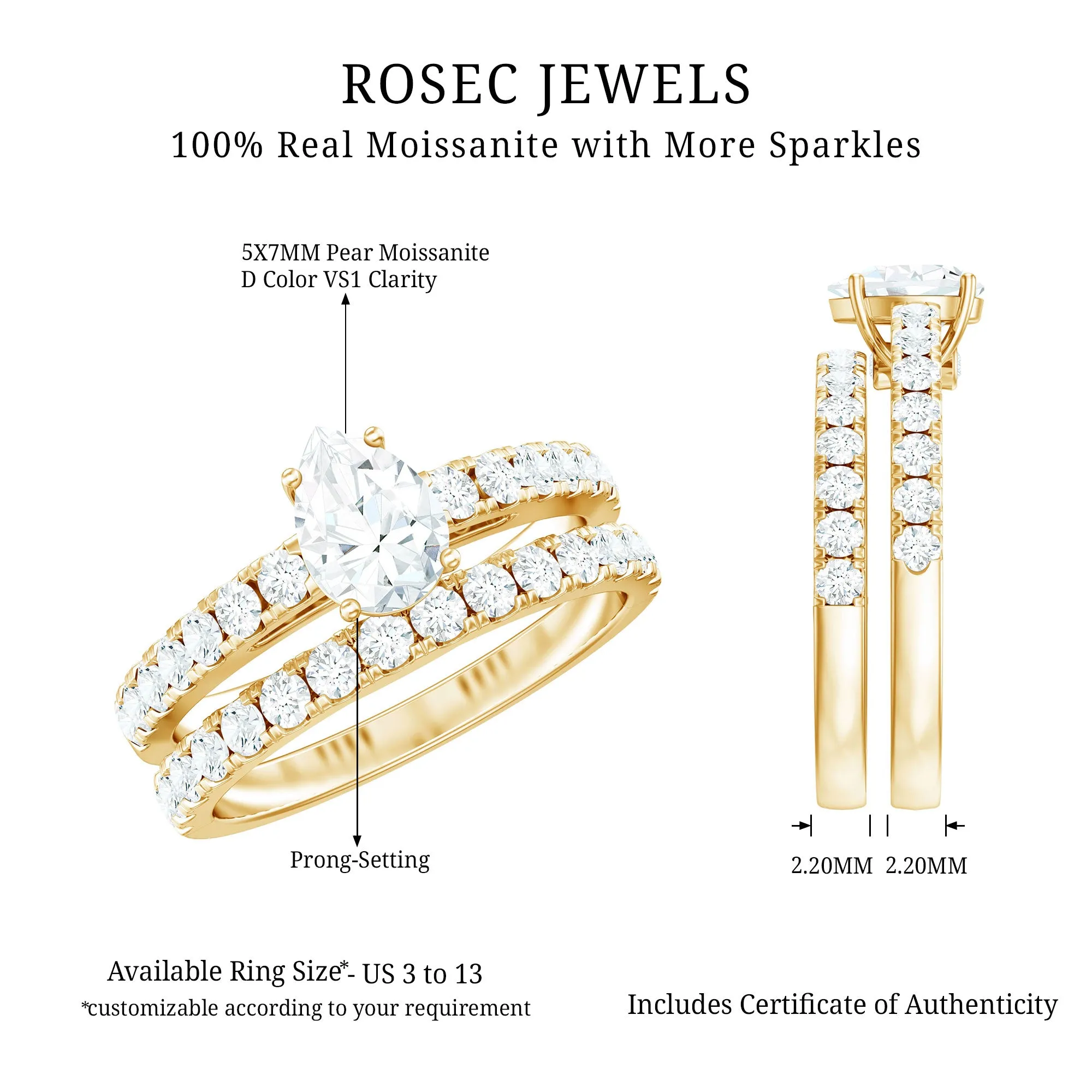 1.75 CT Moissanite Engagement Ring with Wedding Band