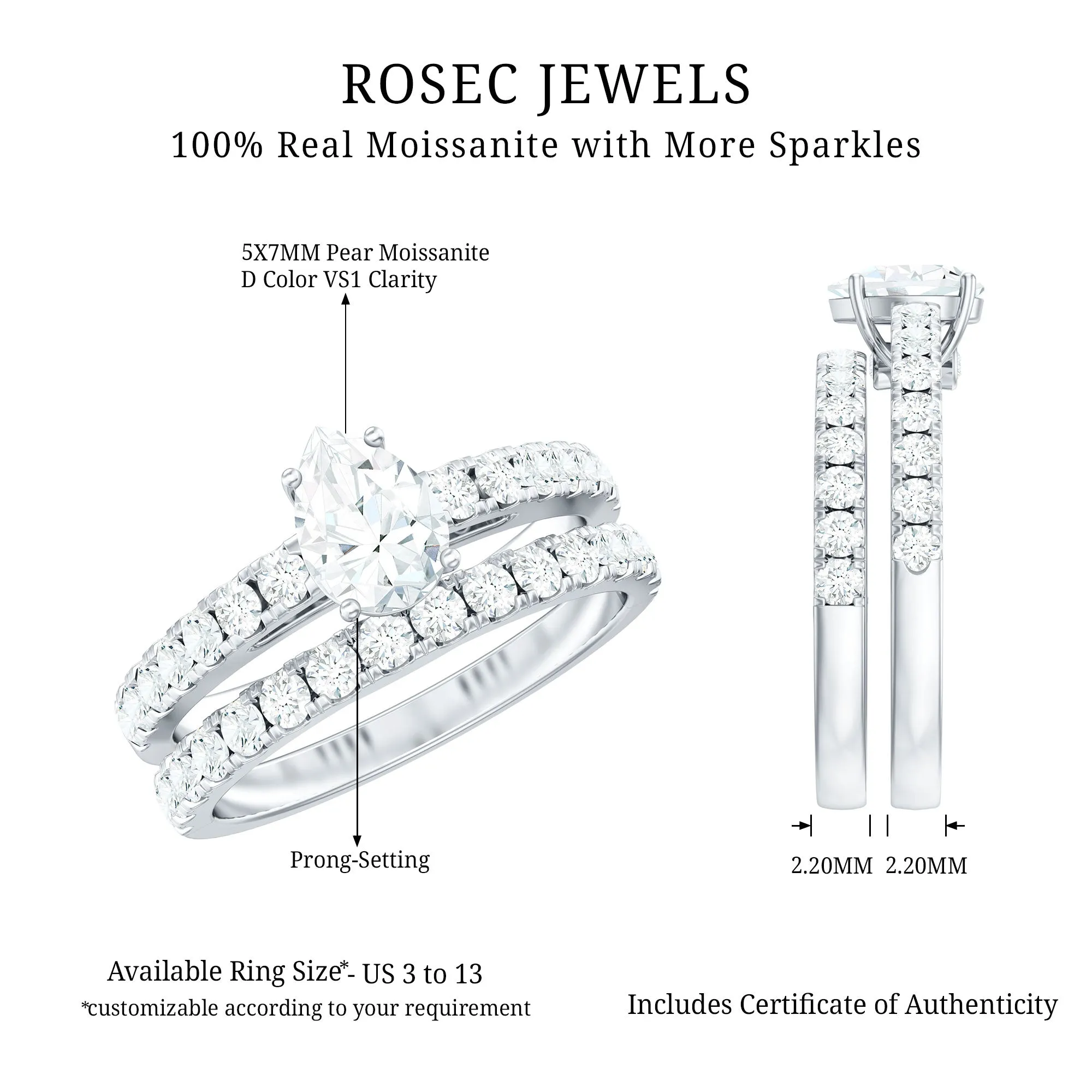 1.75 CT Moissanite Engagement Ring with Wedding Band