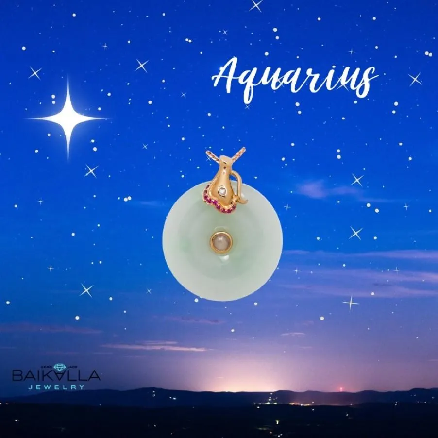 18k Rose Gold Genuine Burmese Jadeite Constellation (Aquarius) Necklace Pendant with Diamonds & Ruby