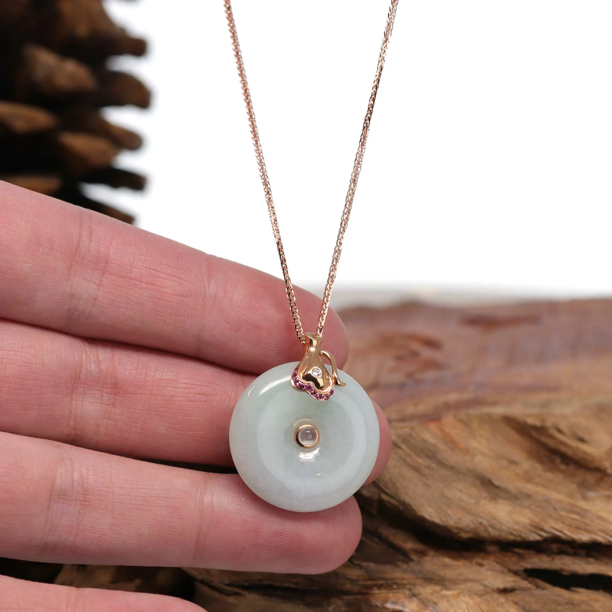 18k Rose Gold Genuine Burmese Jadeite Constellation (Aquarius) Necklace Pendant with Diamonds & Ruby