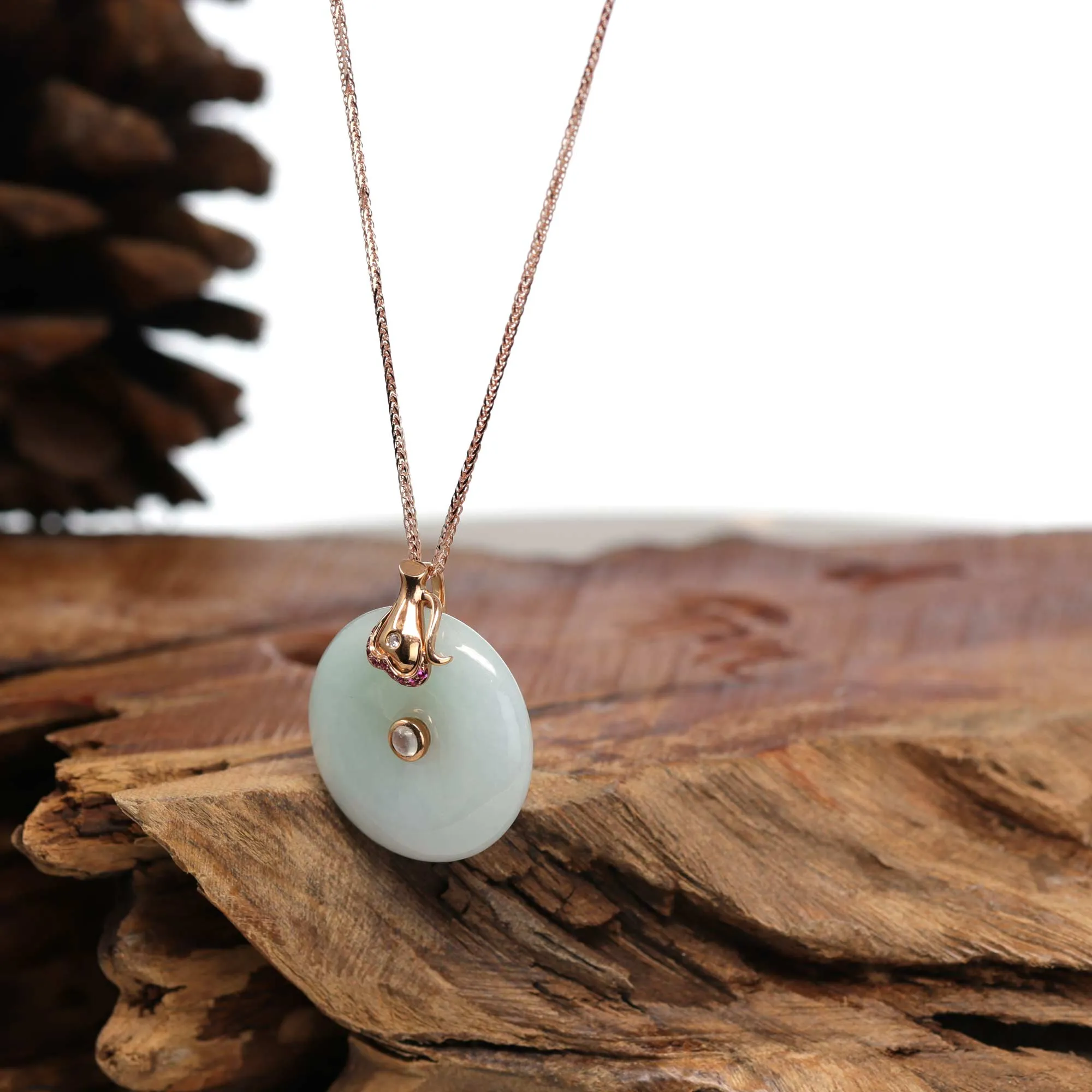 18k Rose Gold Genuine Burmese Jadeite Constellation (Aquarius) Necklace Pendant with Diamonds & Ruby
