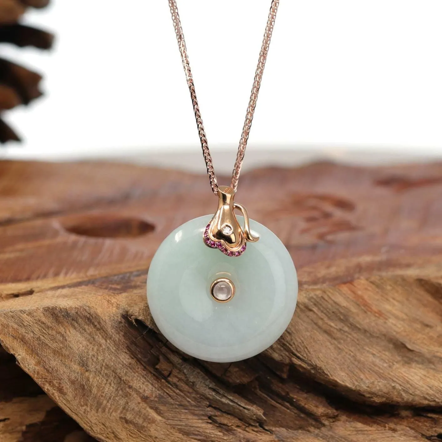 18k Rose Gold Genuine Burmese Jadeite Constellation (Aquarius) Necklace Pendant with Diamonds & Ruby