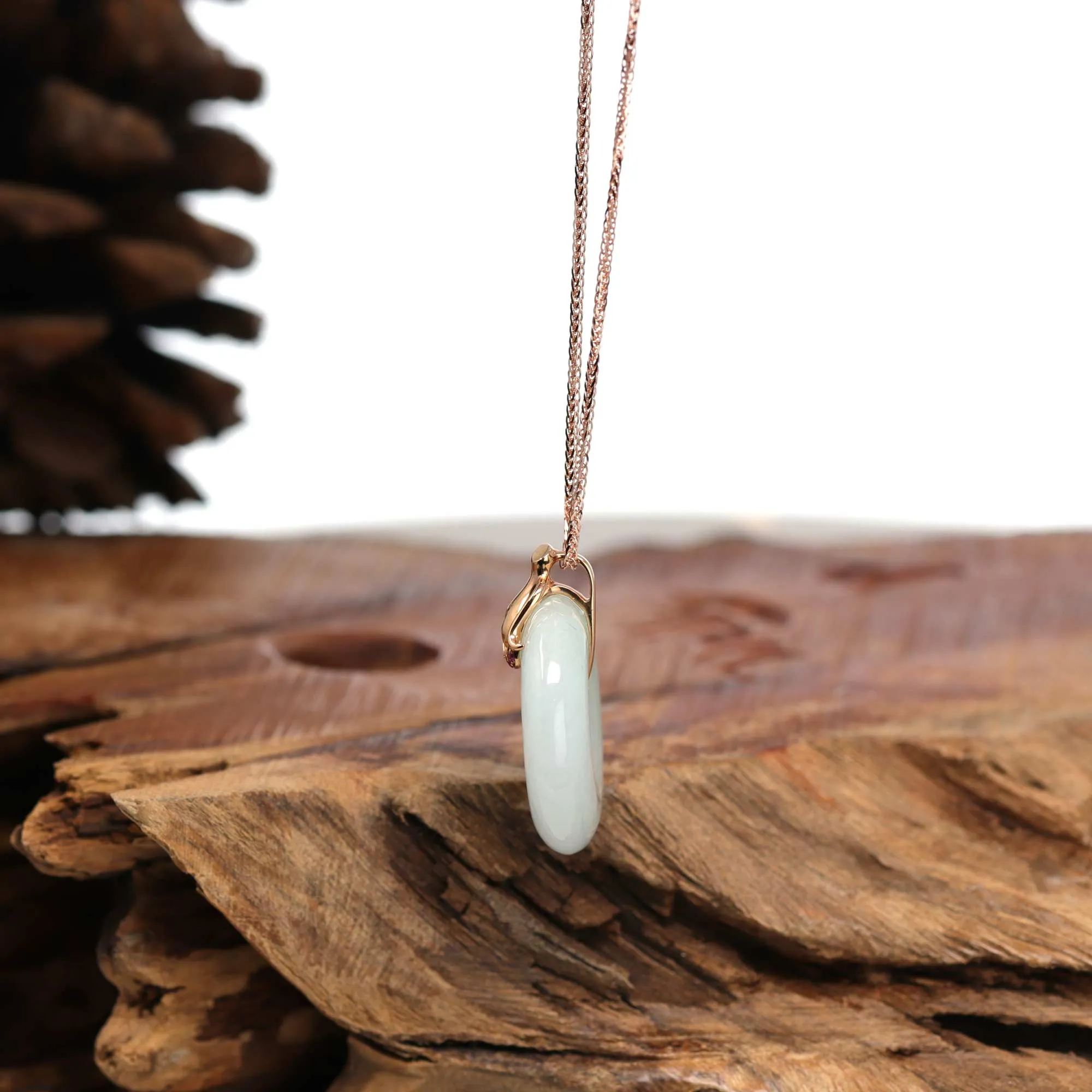 18k Rose Gold Genuine Burmese Jadeite Constellation (Aquarius) Necklace Pendant with Diamonds & Ruby