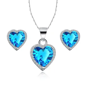 18k White Gold Plated Heart 1 Carat Created Aquamarine Full Set Necklace 18 inch