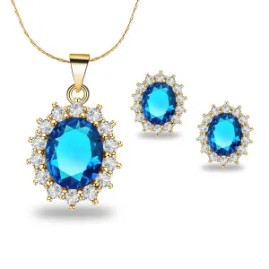 18K Yellow Gold Created Aquamarine Round 1 Carat Oval Necklace Plated 18 inch