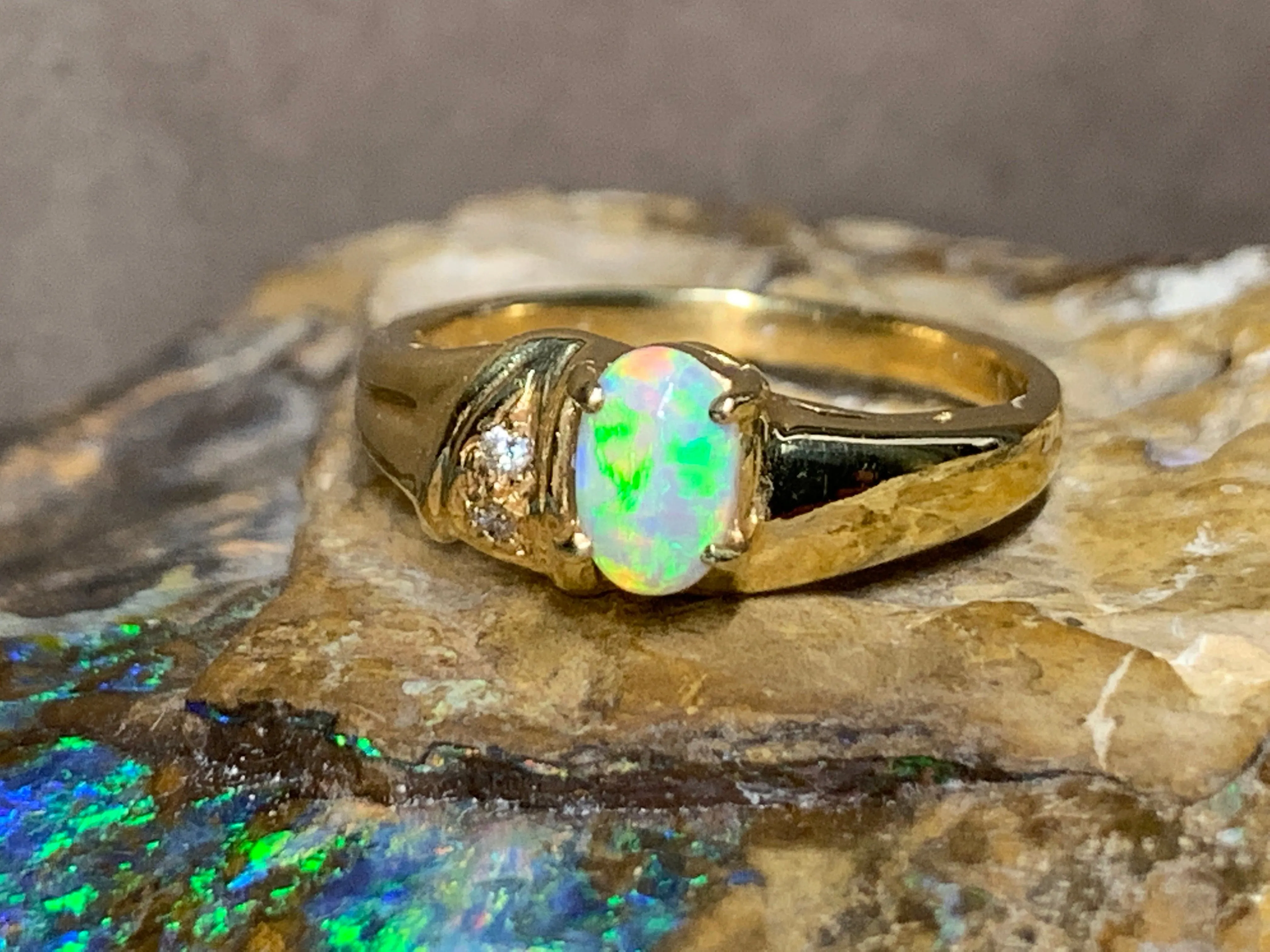 18kt Yellow Gold Black Opal crystal and diamond ring