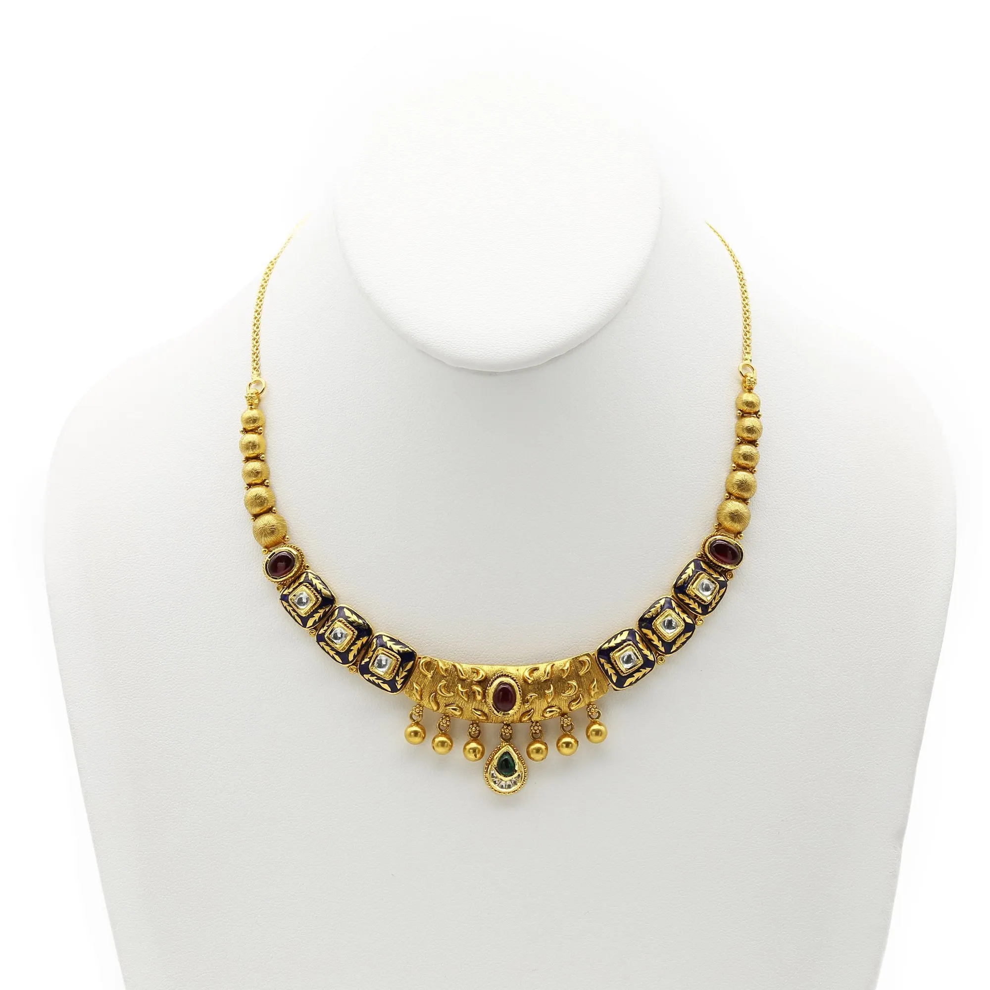 22K Gold Ruby Emerald Kundan Necklace and Earrings Set