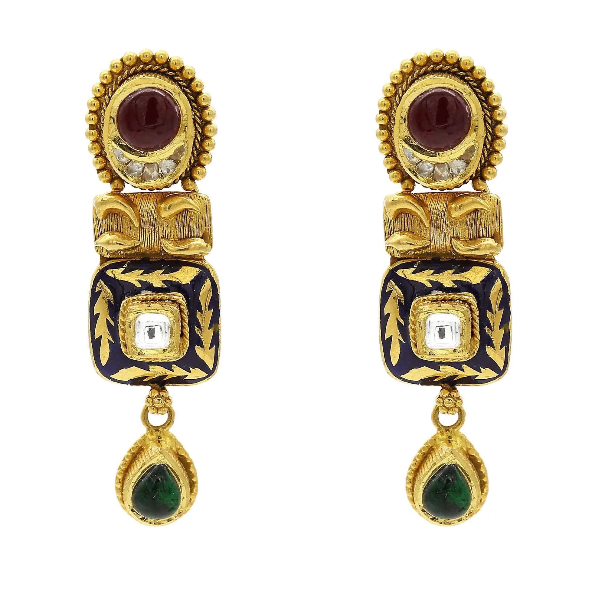 22K Gold Ruby Emerald Kundan Necklace and Earrings Set