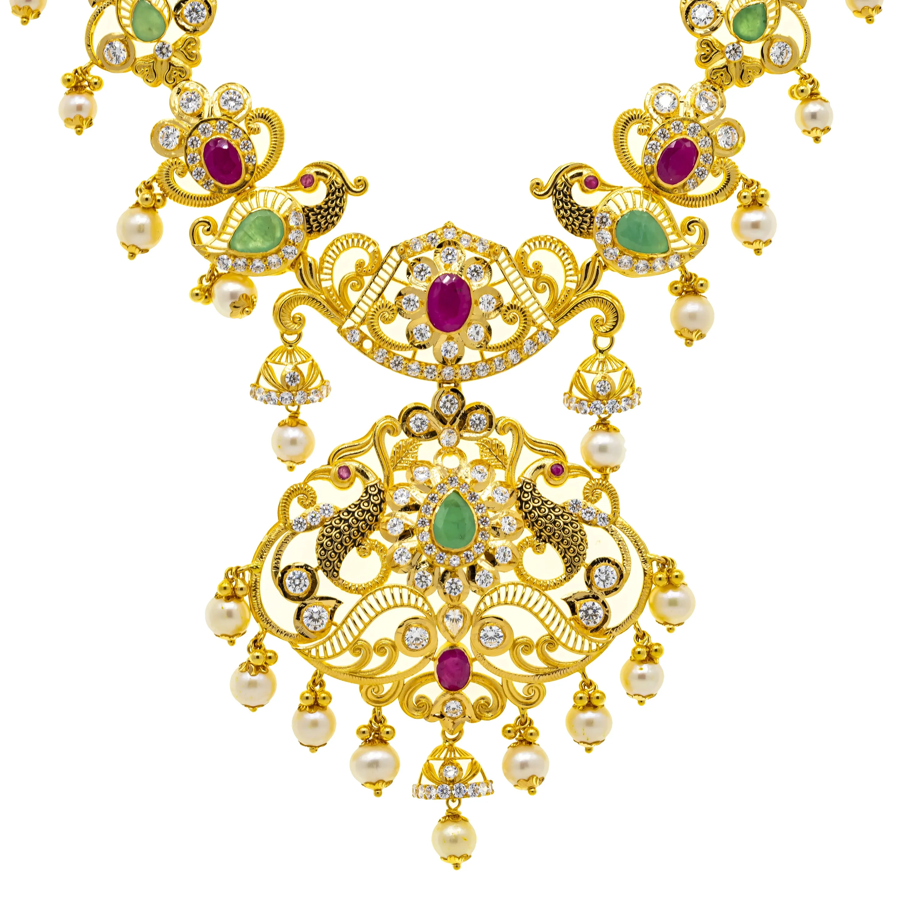 22K Yellow Gold 28 Inch Necklace w/ Emerald, Ruby, CZ, Pearl and Antique Accents (81.8gm)