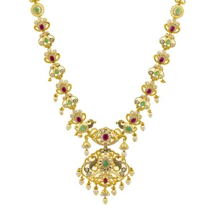 22K Yellow Gold 28 Inch Necklace w/ Emerald, Ruby, CZ, Pearl and Antique Accents (81.8gm)
