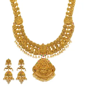 22K Yellow Gold, Gem, CZ, and Pearl Temple Necklace Set (151.5gm)