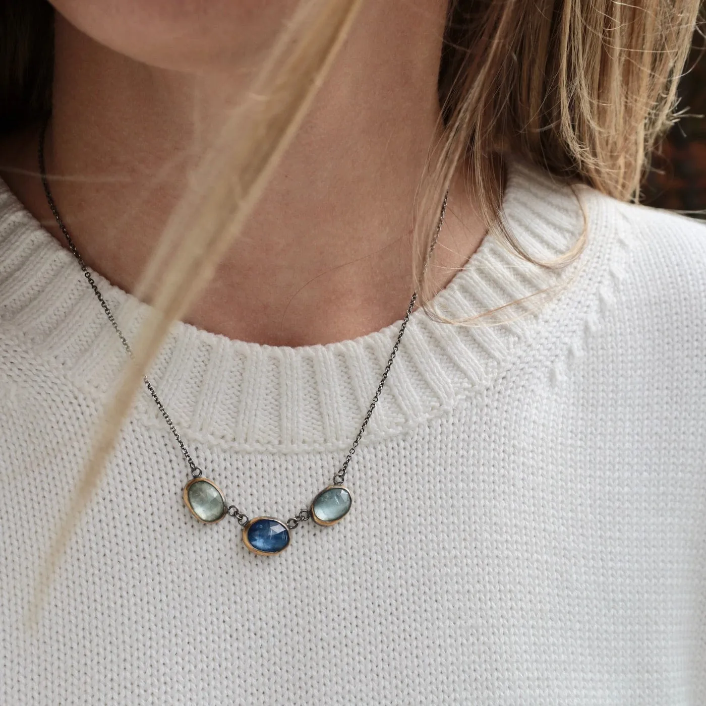 3 Crescent Rim Necklace with Kyanite & Aquamarine