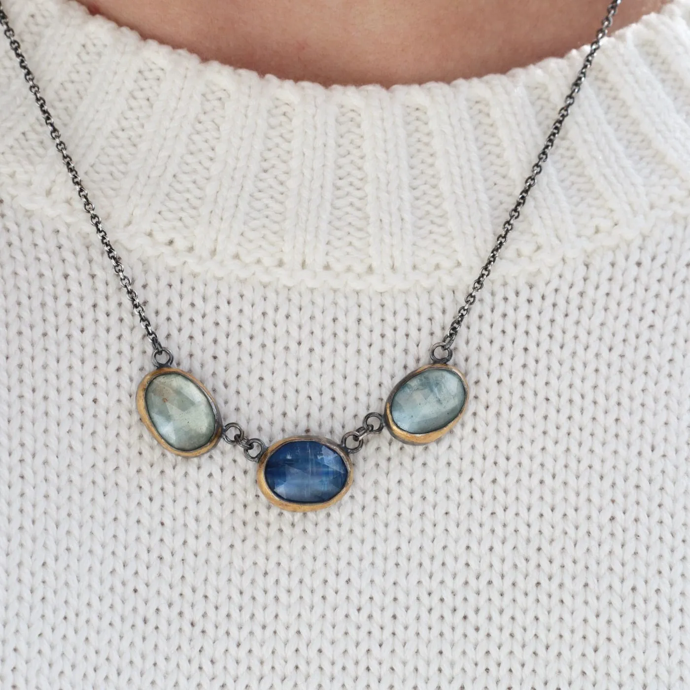 3 Crescent Rim Necklace with Kyanite & Aquamarine