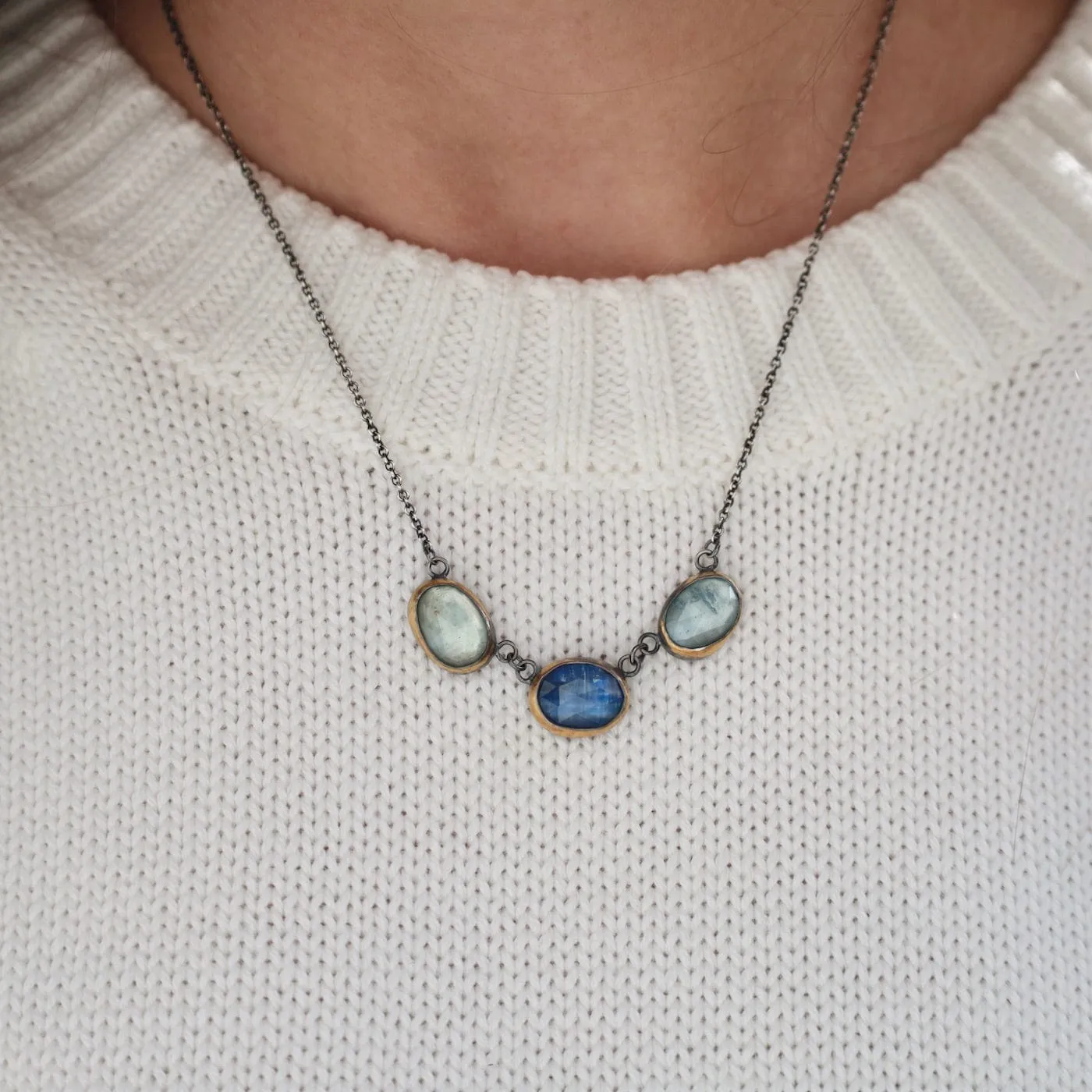 3 Crescent Rim Necklace with Kyanite & Aquamarine