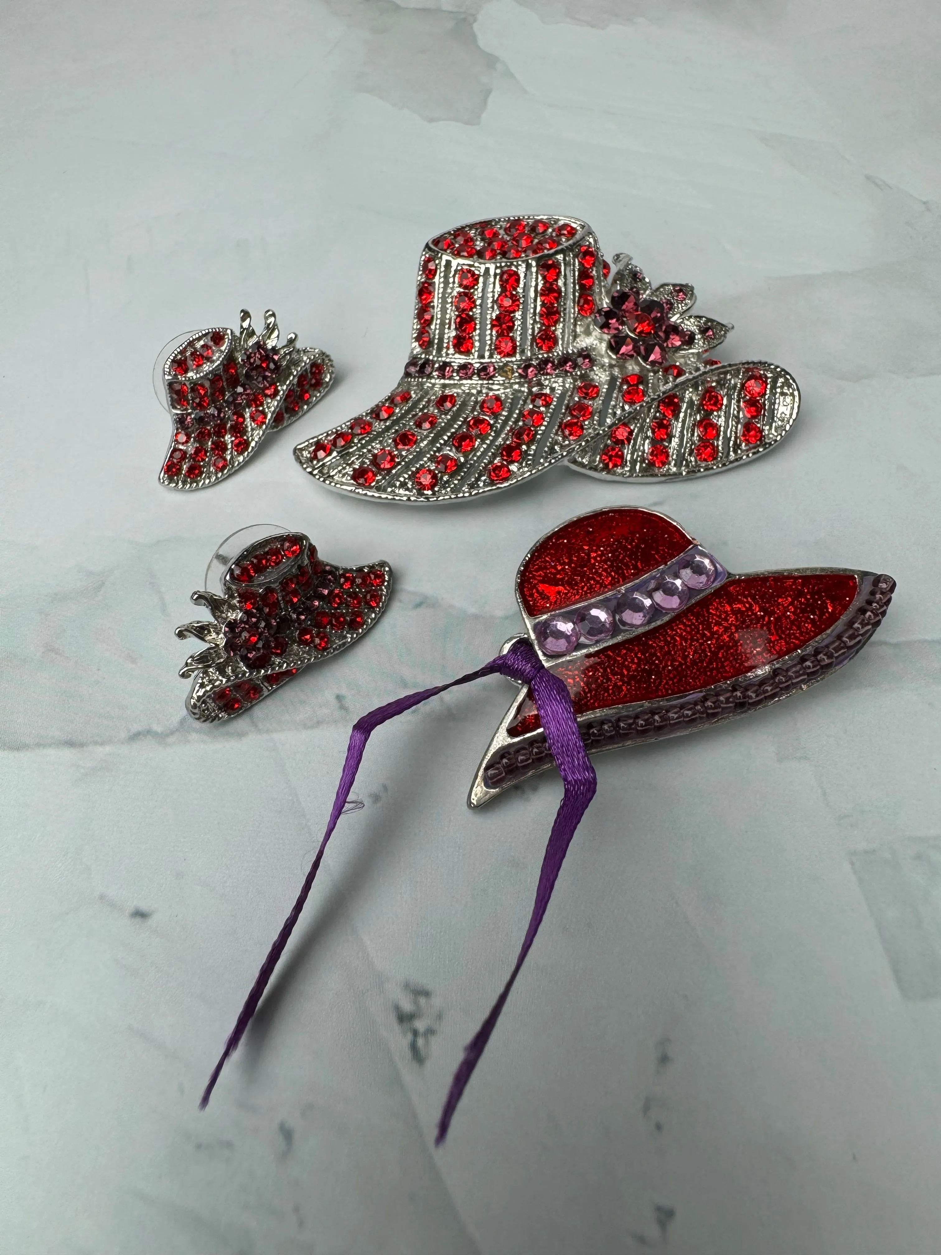 4-Piece Red Hat Lady Society Silver Tone Jewelry Lot