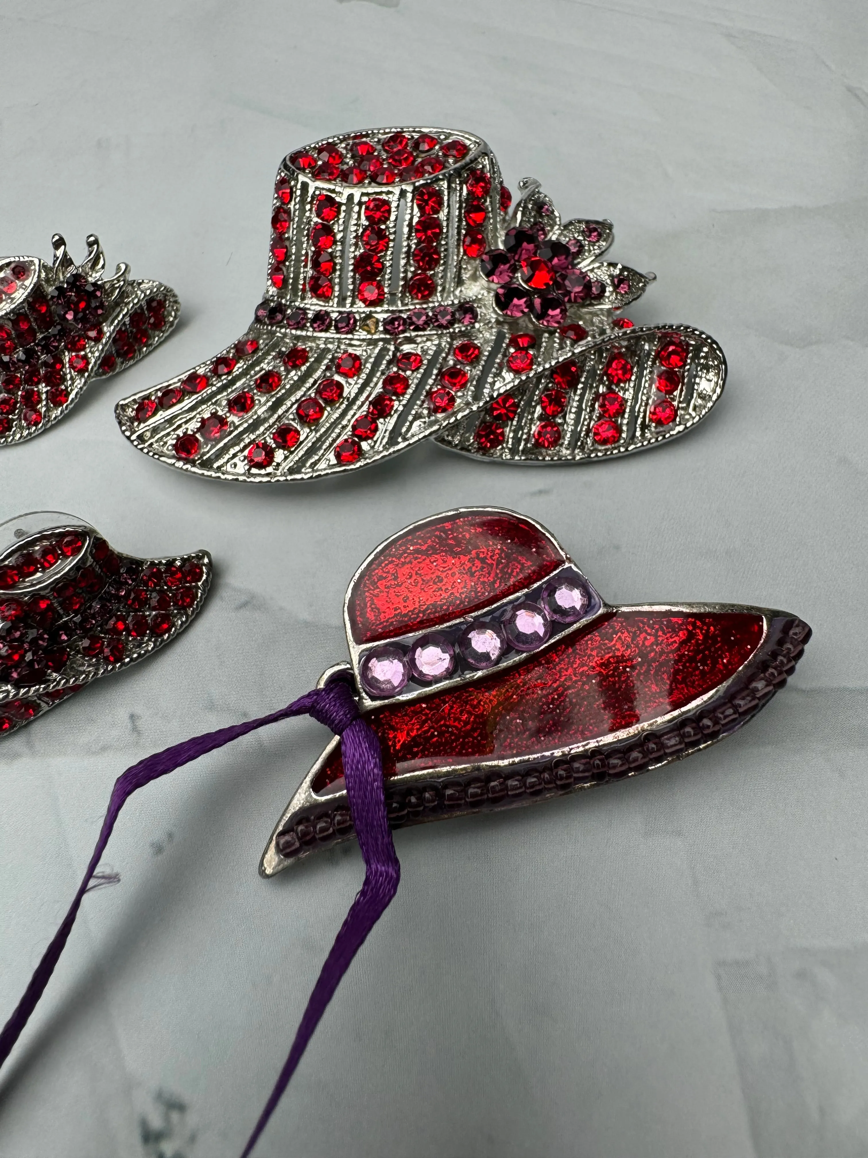 4-Piece Red Hat Lady Society Silver Tone Jewelry Lot