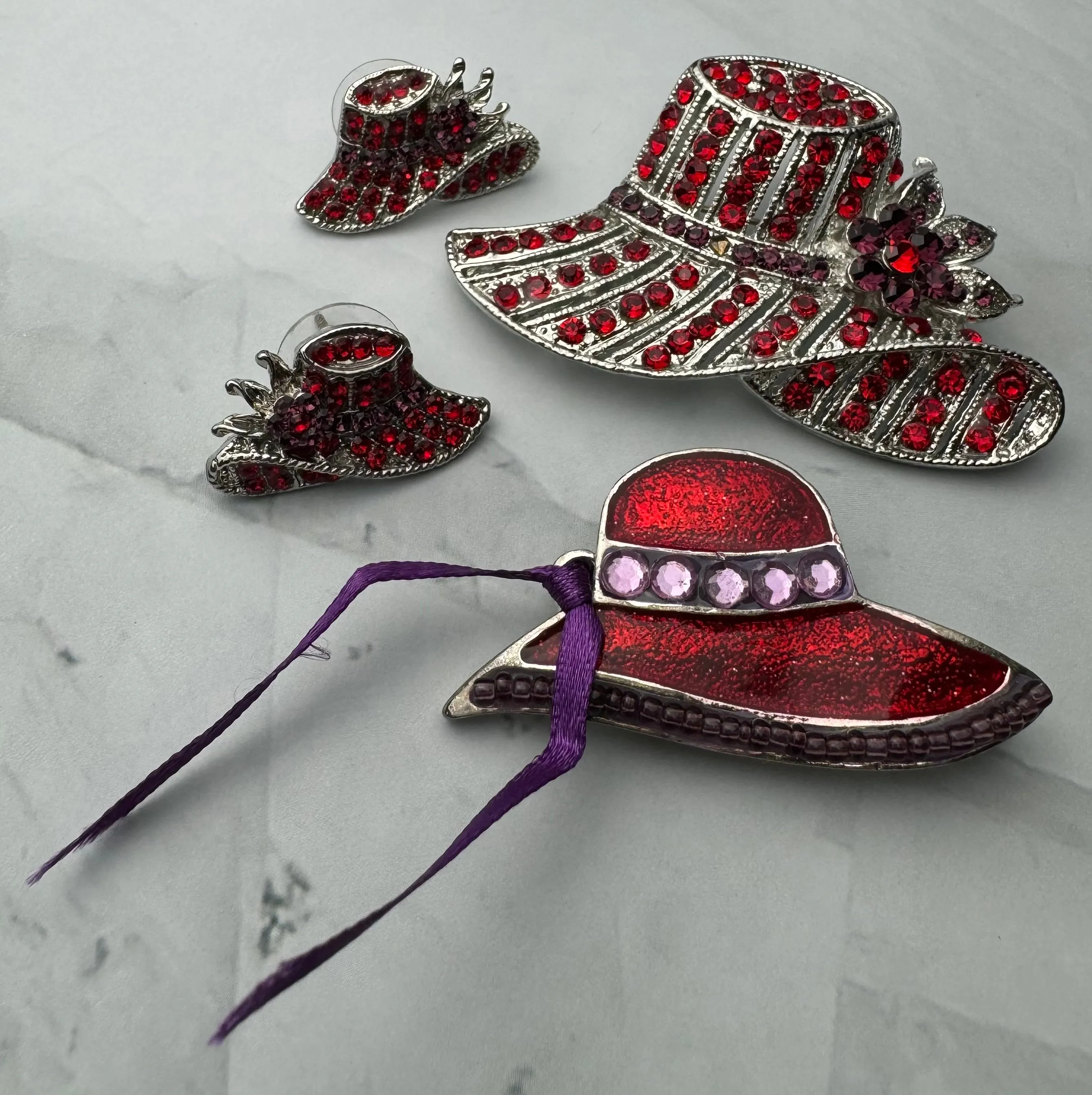 4-Piece Red Hat Lady Society Silver Tone Jewelry Lot