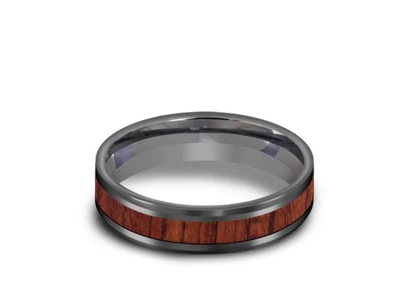 5MM HAWAIIAN Koa Wood Tungsten WEDDING BAND BEVELED AND GRAY INTERIOR