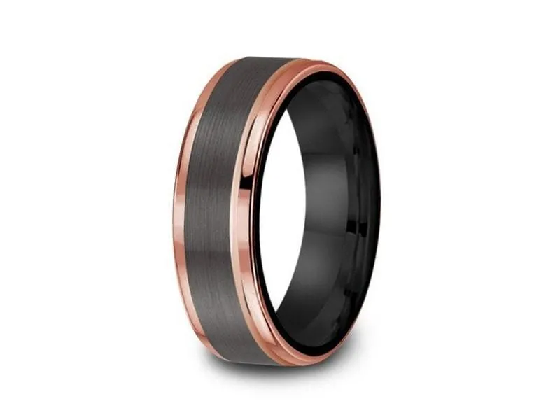 6MM Brushed GRAY GUNMETAL Tungsten Wedding Band ROSE GOLD EDGES AND BLACK INTERIOR